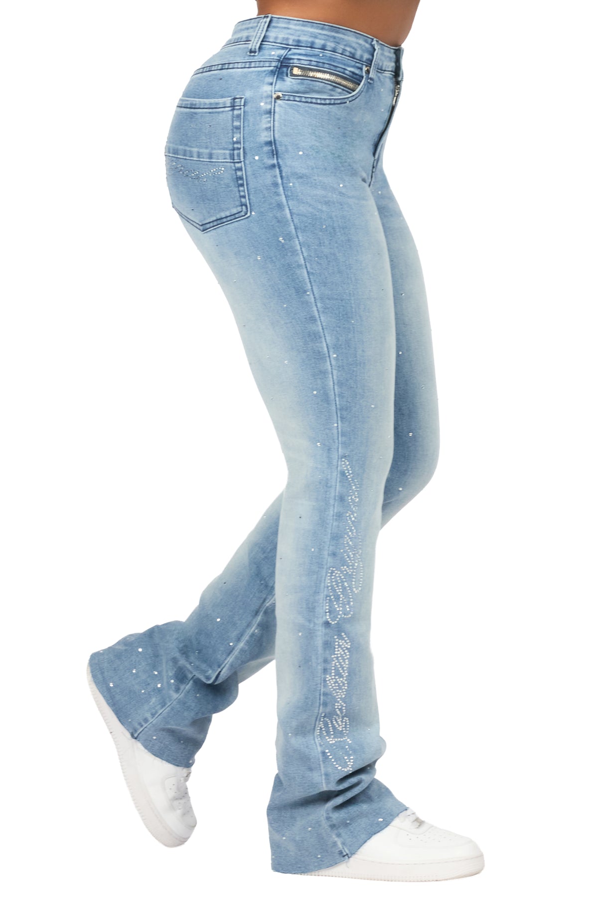 Chanteal Light Wash Rhinestone Stacked Flare Jean