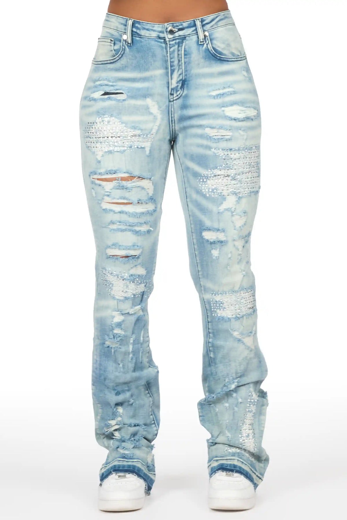 Kyesha Light Wash Rhinestone Stacked Flare Jean