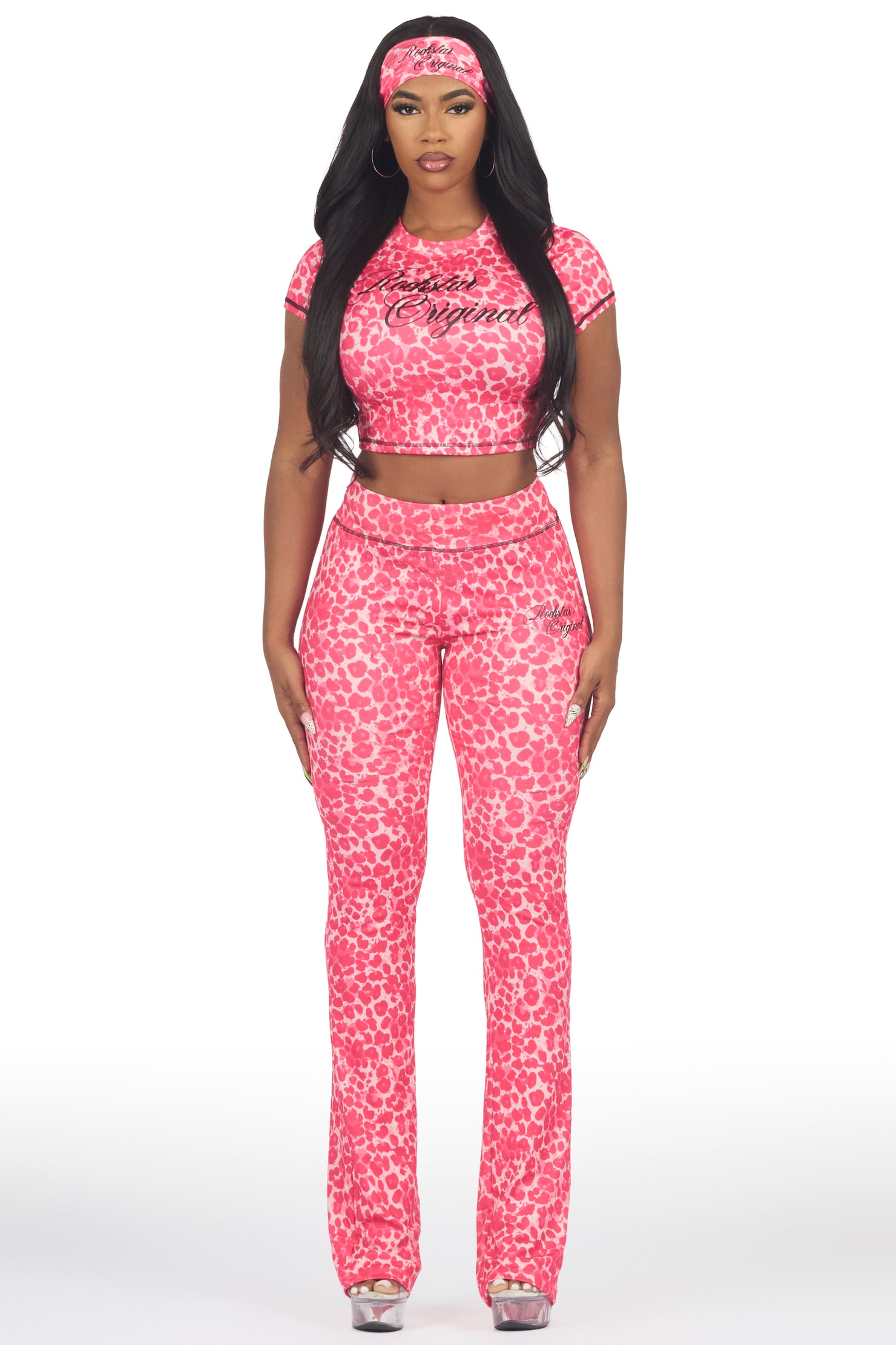 Mykalah Pink Cheetah Crop T-Shirt Stacked Track Set