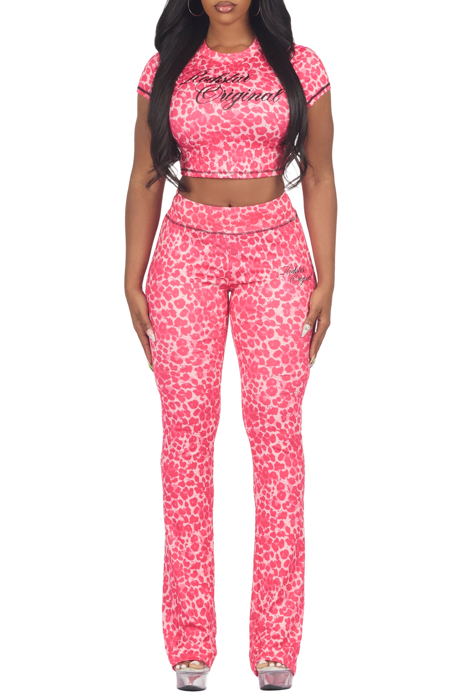 Mykalah Pink Cheetah Crop T-Shirt Stacked Track Set