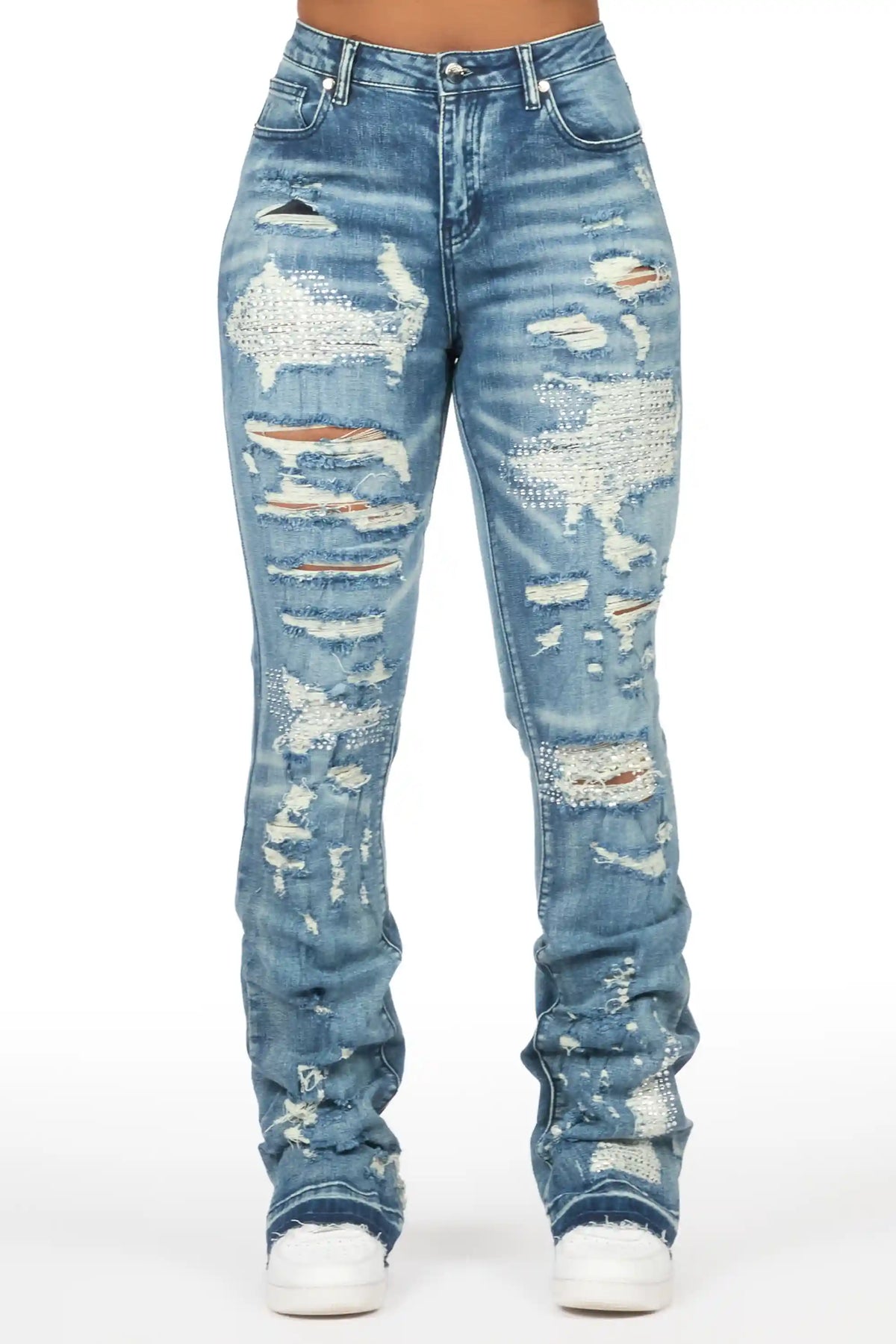 Kyesha Medium Wash Rhinestone Stacked Flare Jean
