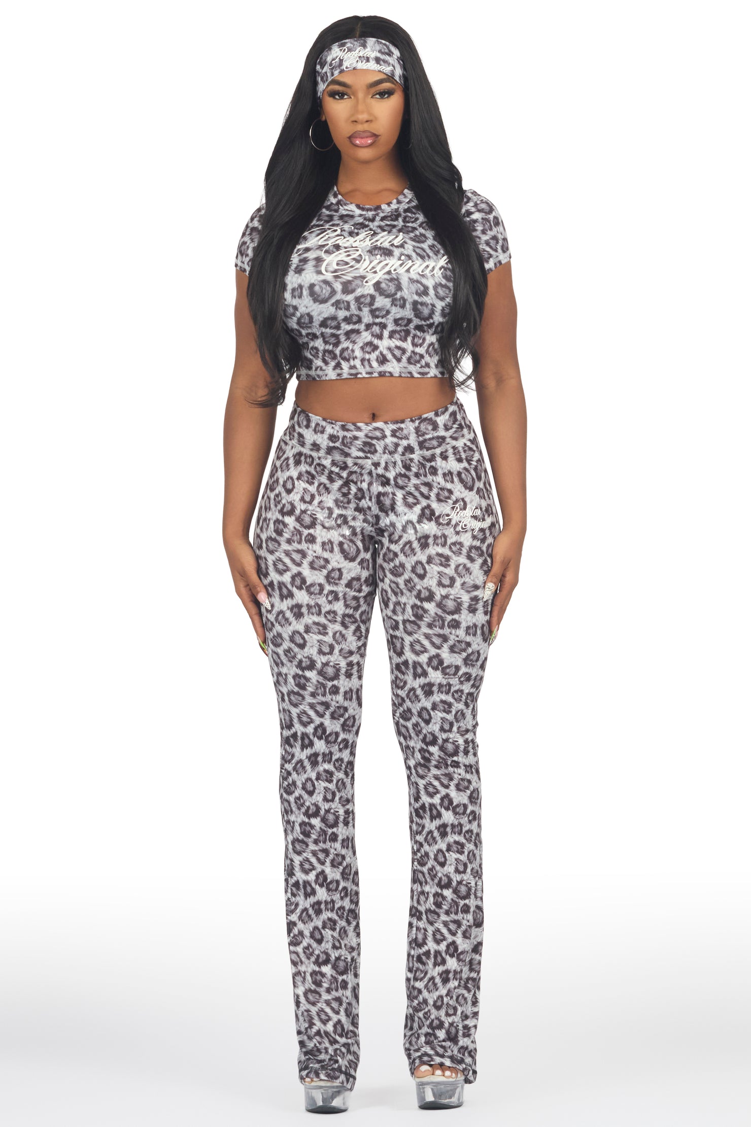 Mykalah Grey Cheetah Crop T-Shirt Stacked Track Set