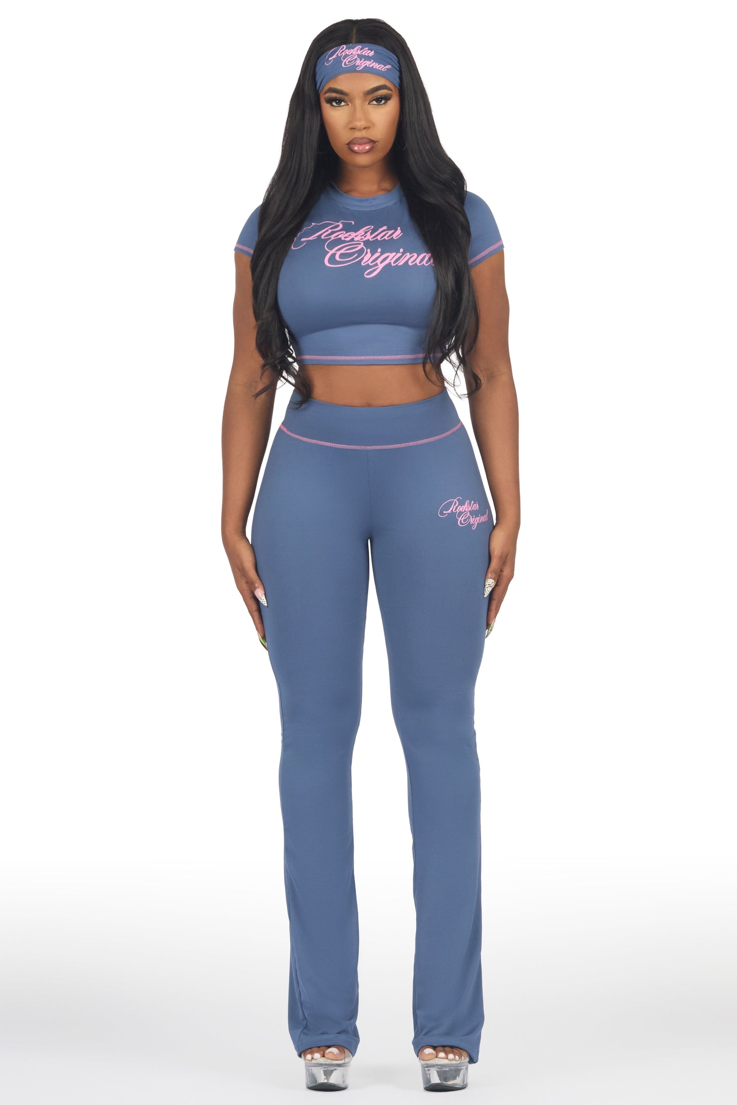 Mykalah Navy/Pink Crop T-Shirt Stacked Track Set