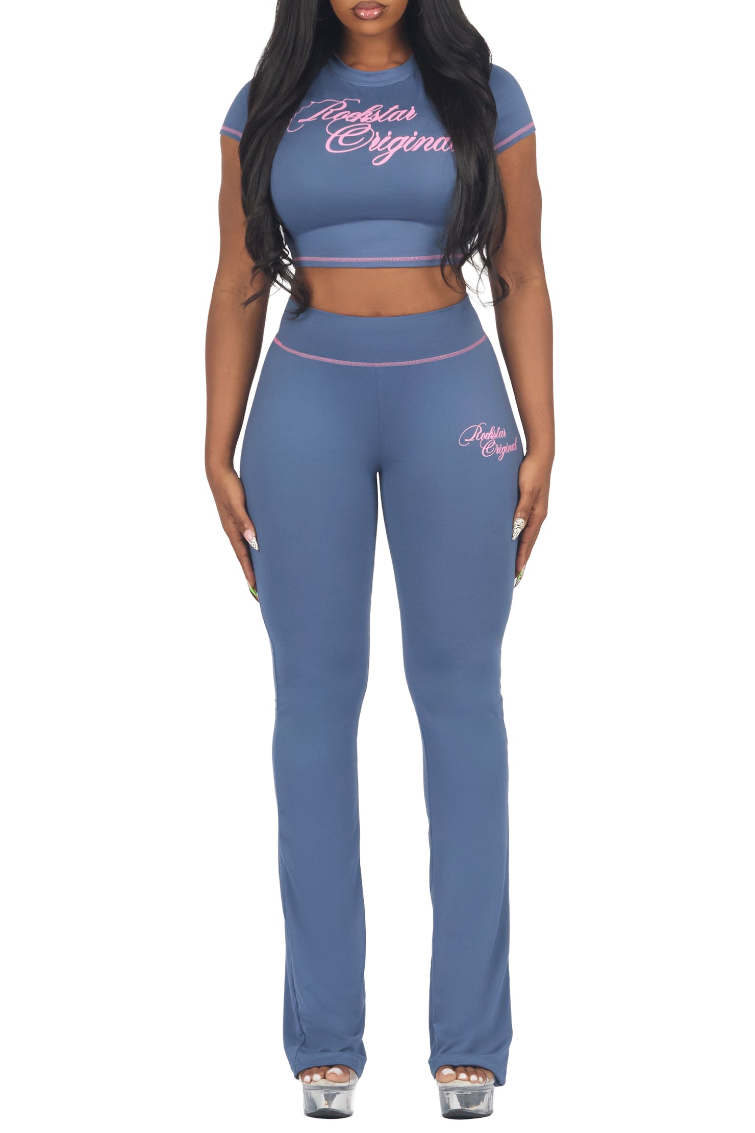 Mykalah Navy/Pink Crop T-Shirt Stacked Track Set