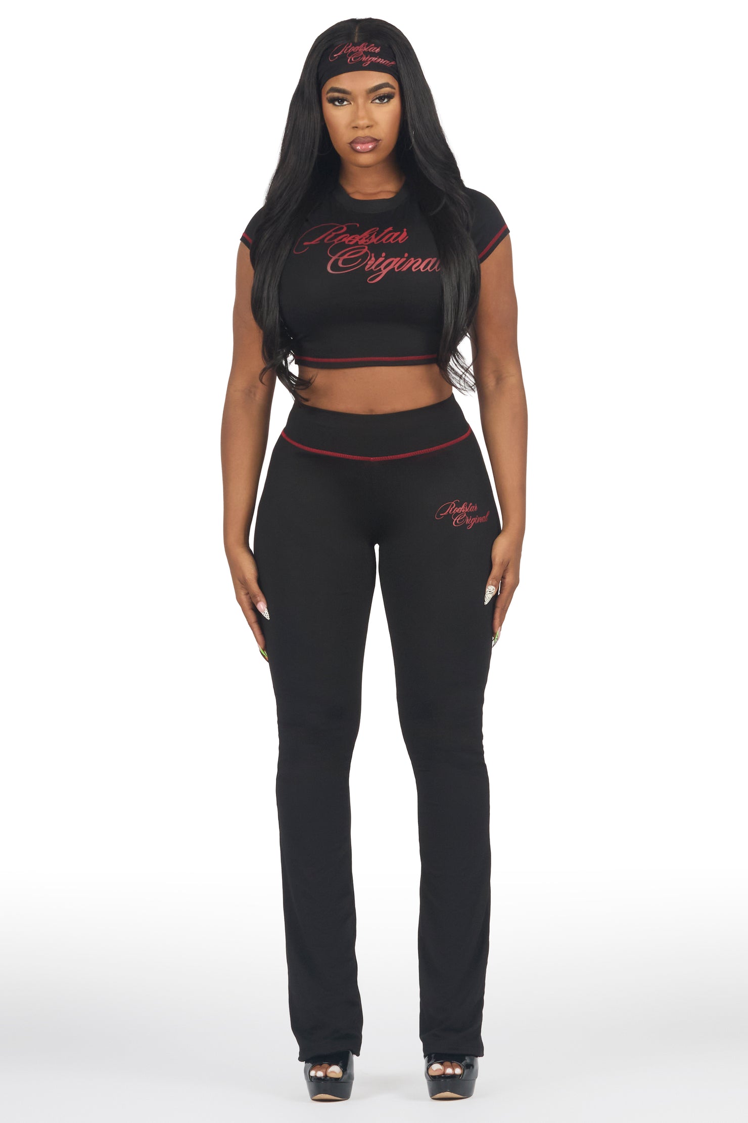 Mykalah Black/Red Crop T-Shirt Stacked Track Set