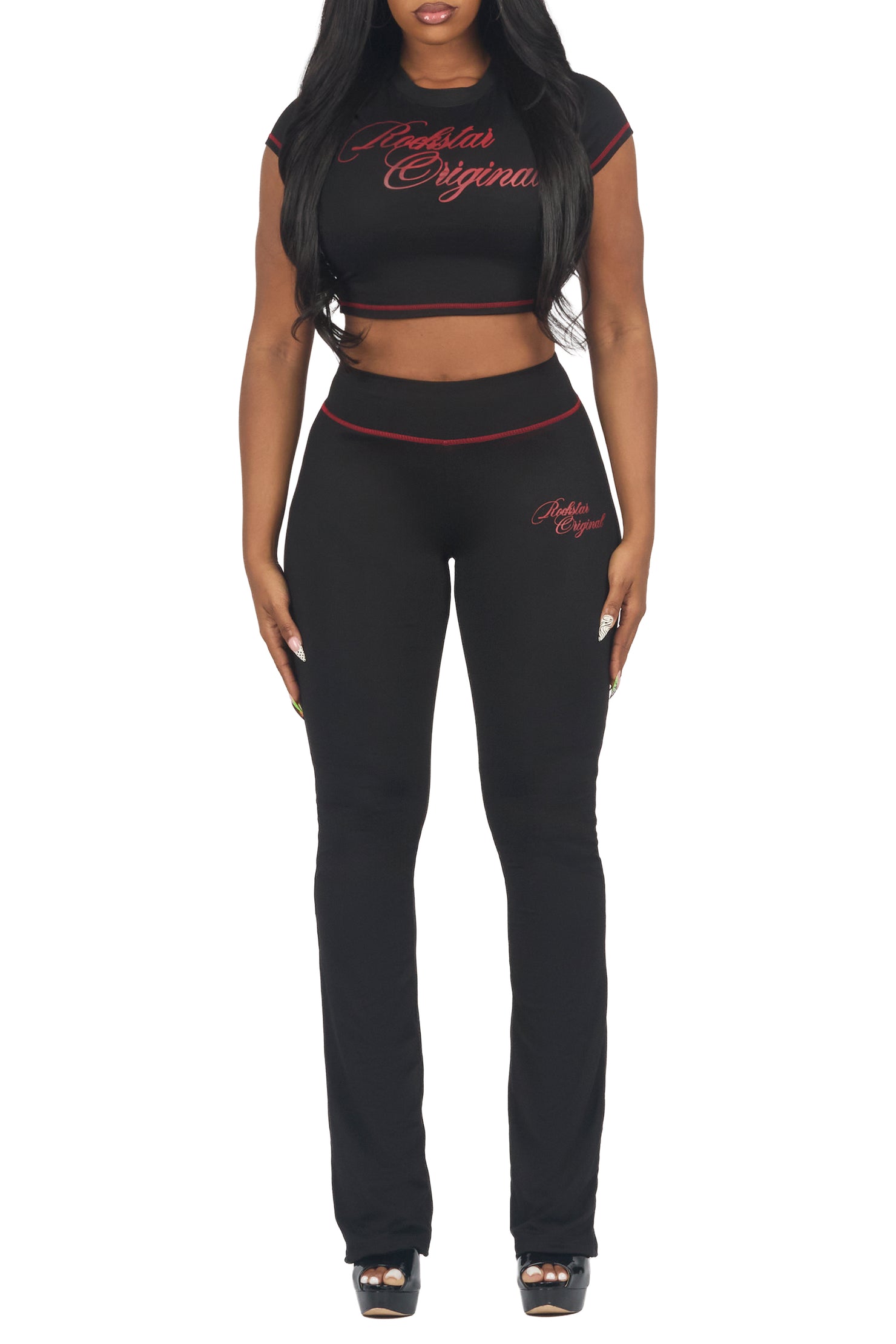 Mykalah Black/Red Crop T-Shirt Stacked Track Set