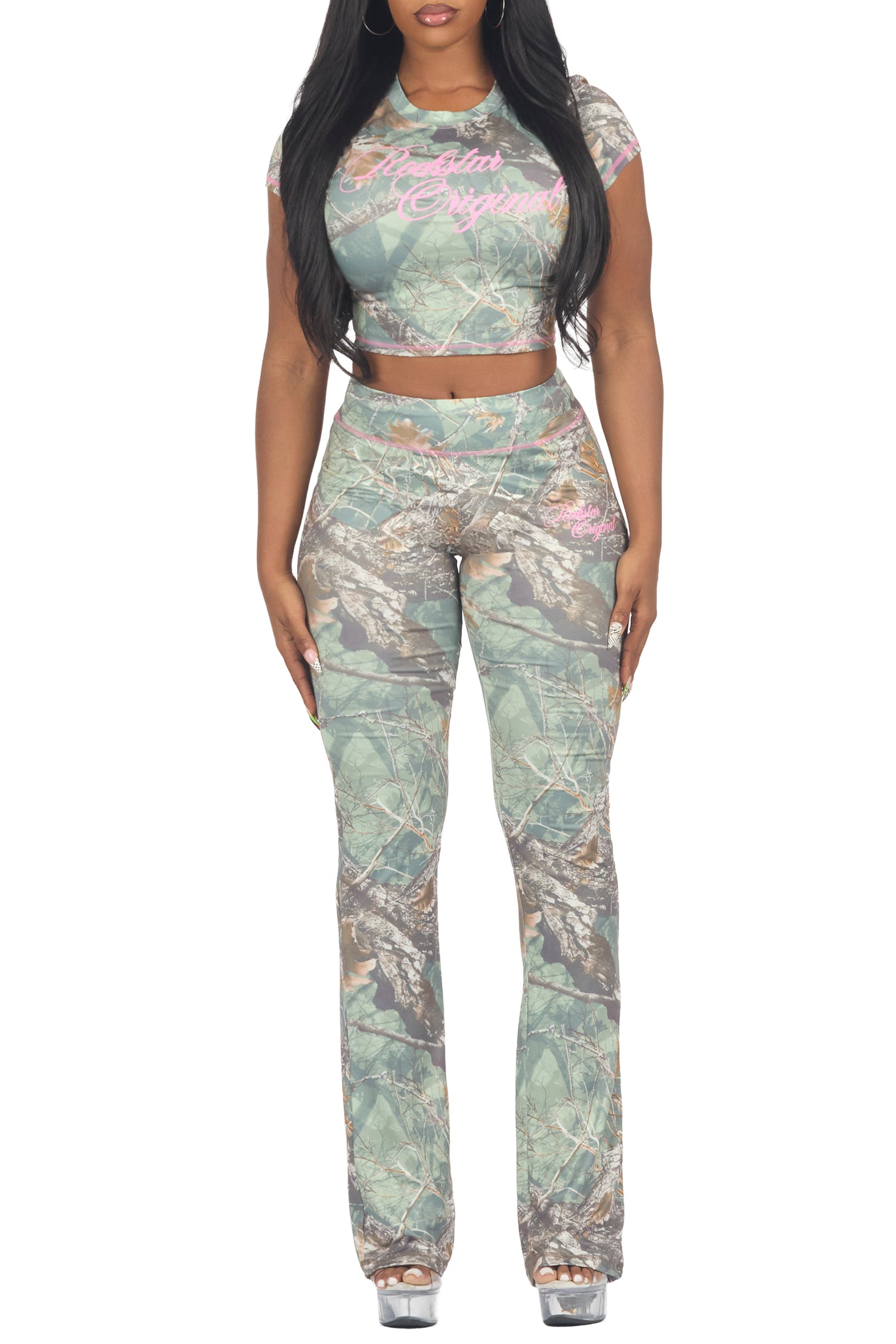 Mykalah Tree Camo Crop T-Shirt Stacked Track Set