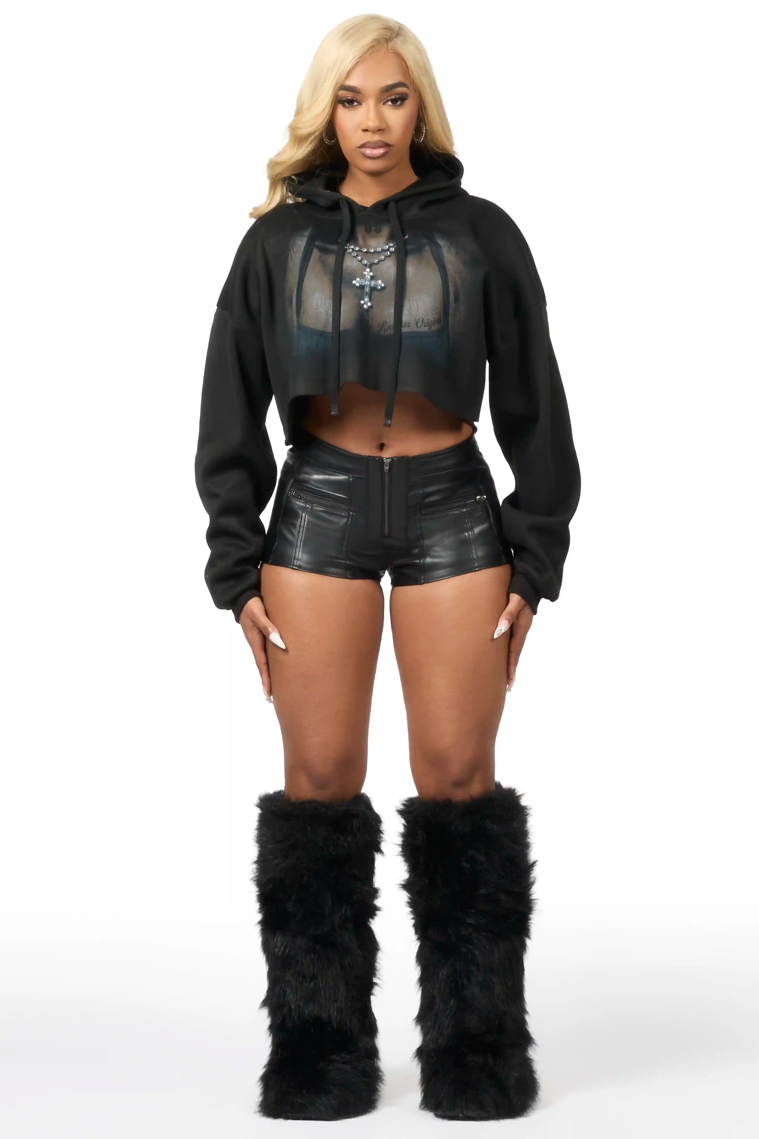 Krissena Black Rhinestone Cut Off Hoodie