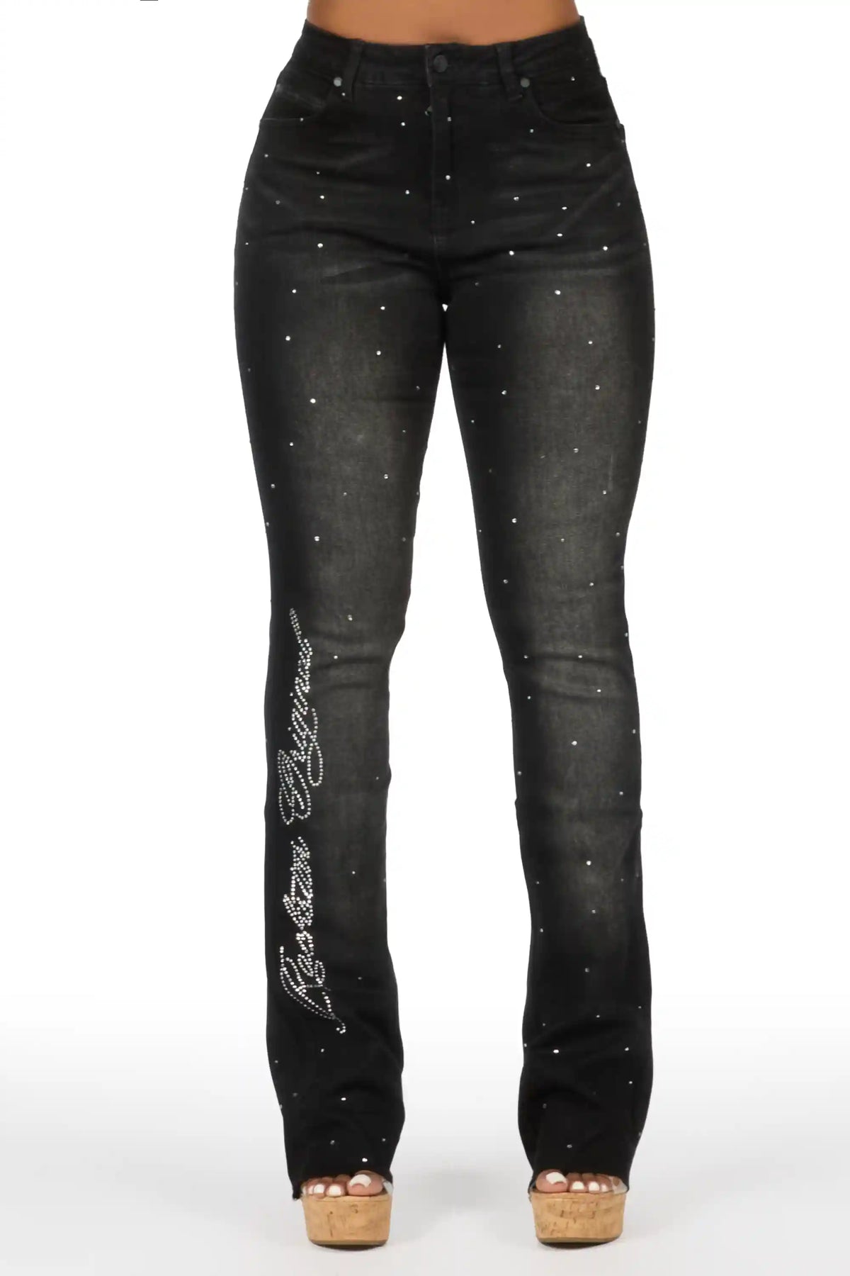 Chanteal Black Rhinestone Stacked Flare Jean