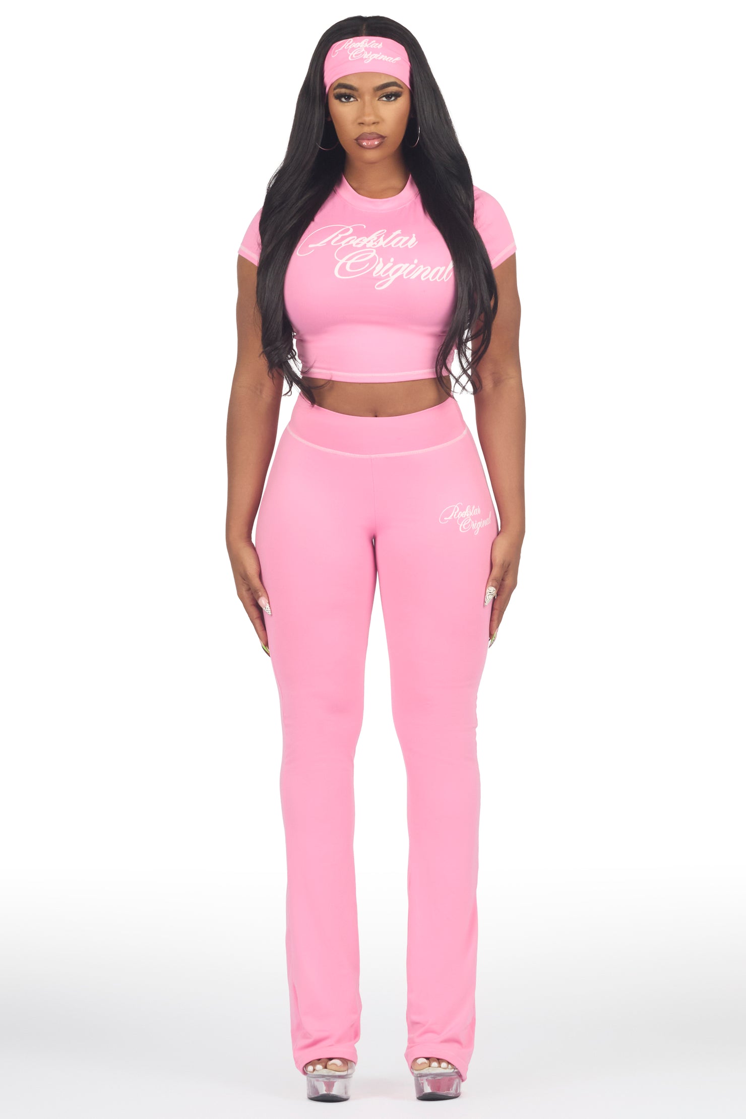 Mykalah Pink Crop T-Shirt Stacked Track Set