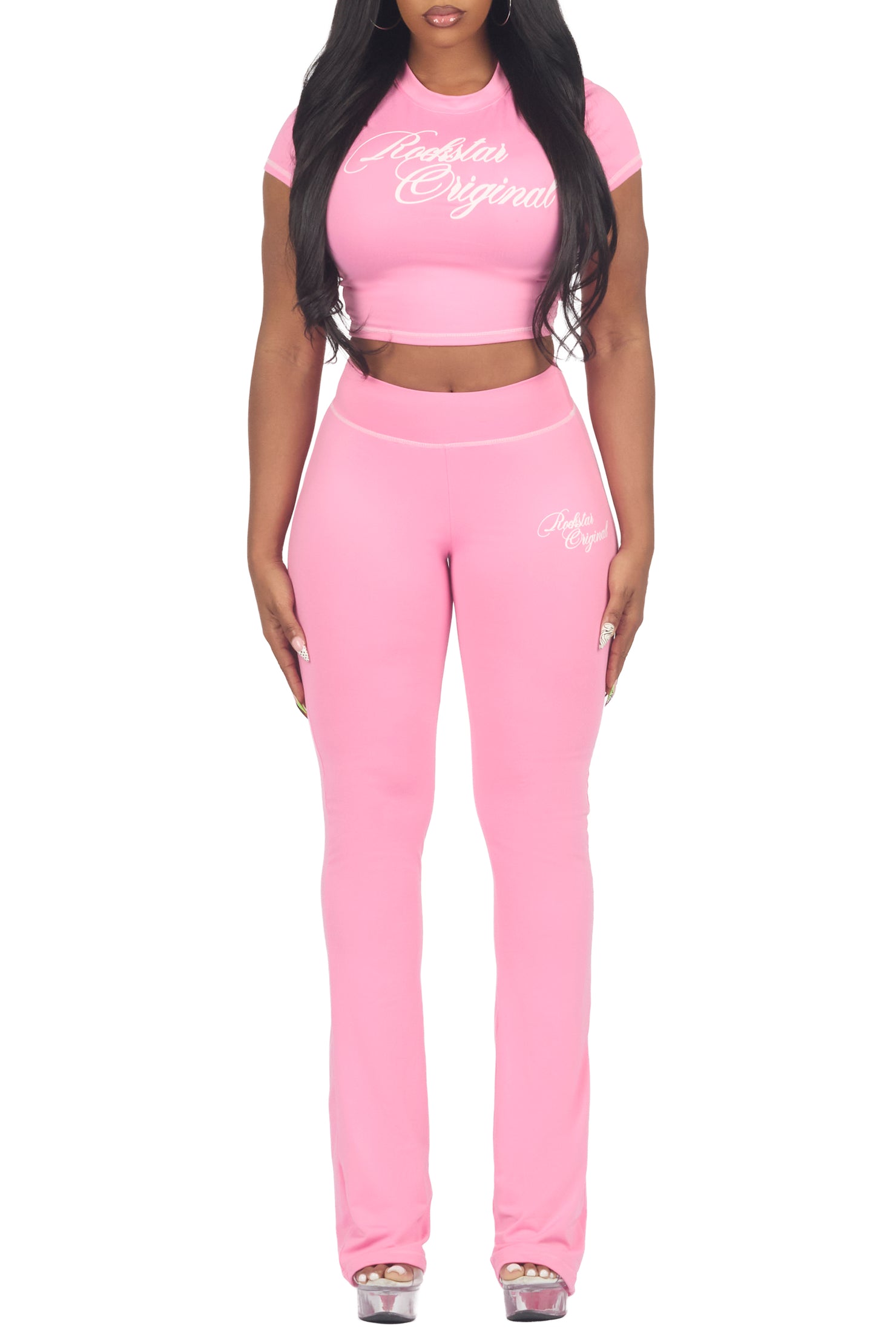 Mykalah Pink Crop T-Shirt Stacked Track Set