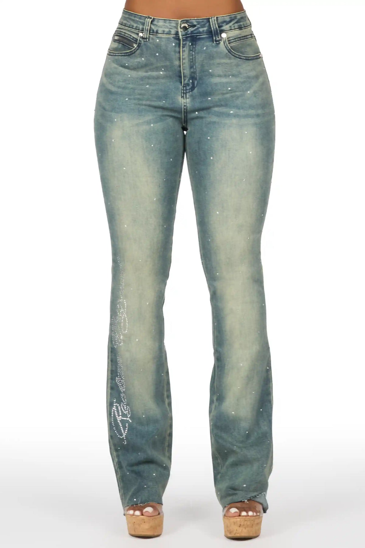 Chanteal Tinted Wash Rhinestone Stacked Flare Jean