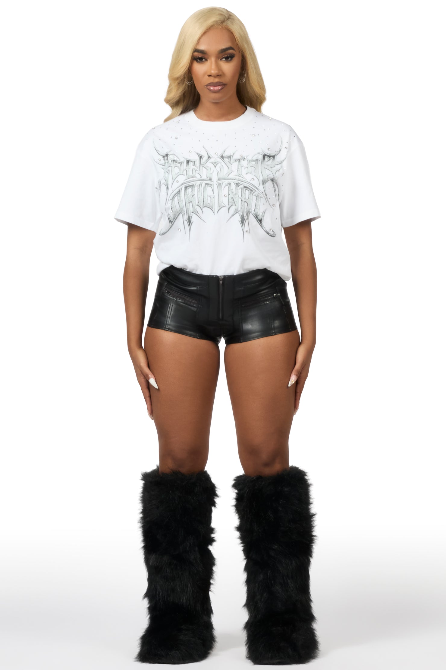 Nikisha White Rhinestone Short Sleeve Tee Shirt