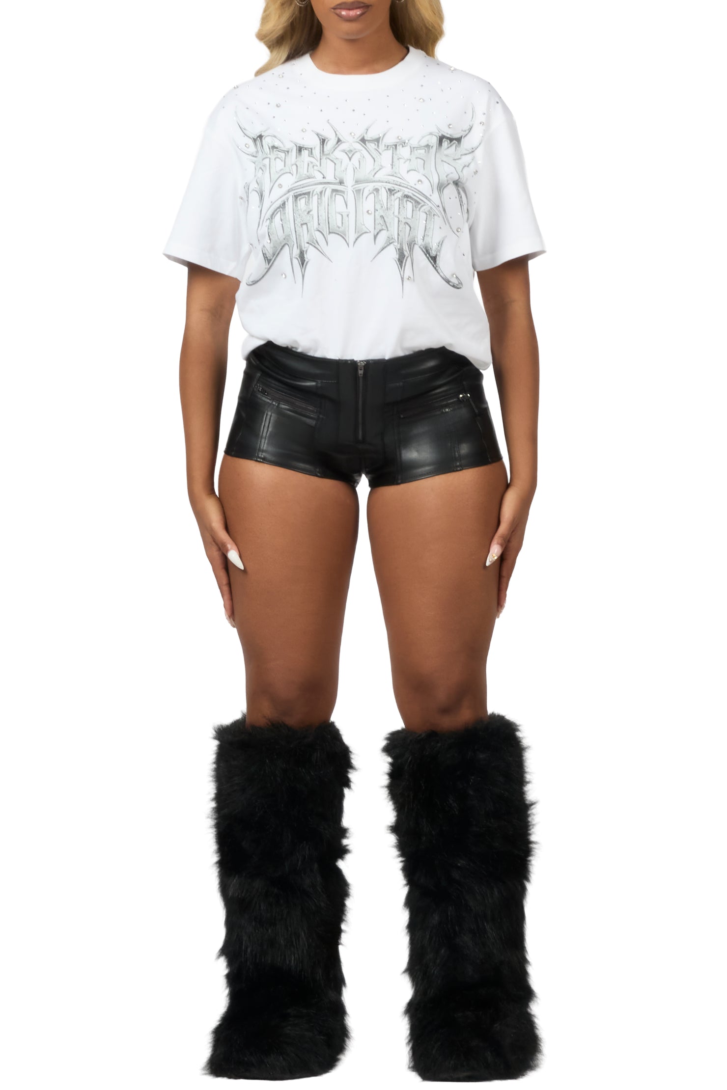 Nikisha White Rhinestone Short Sleeve Tee Shirt