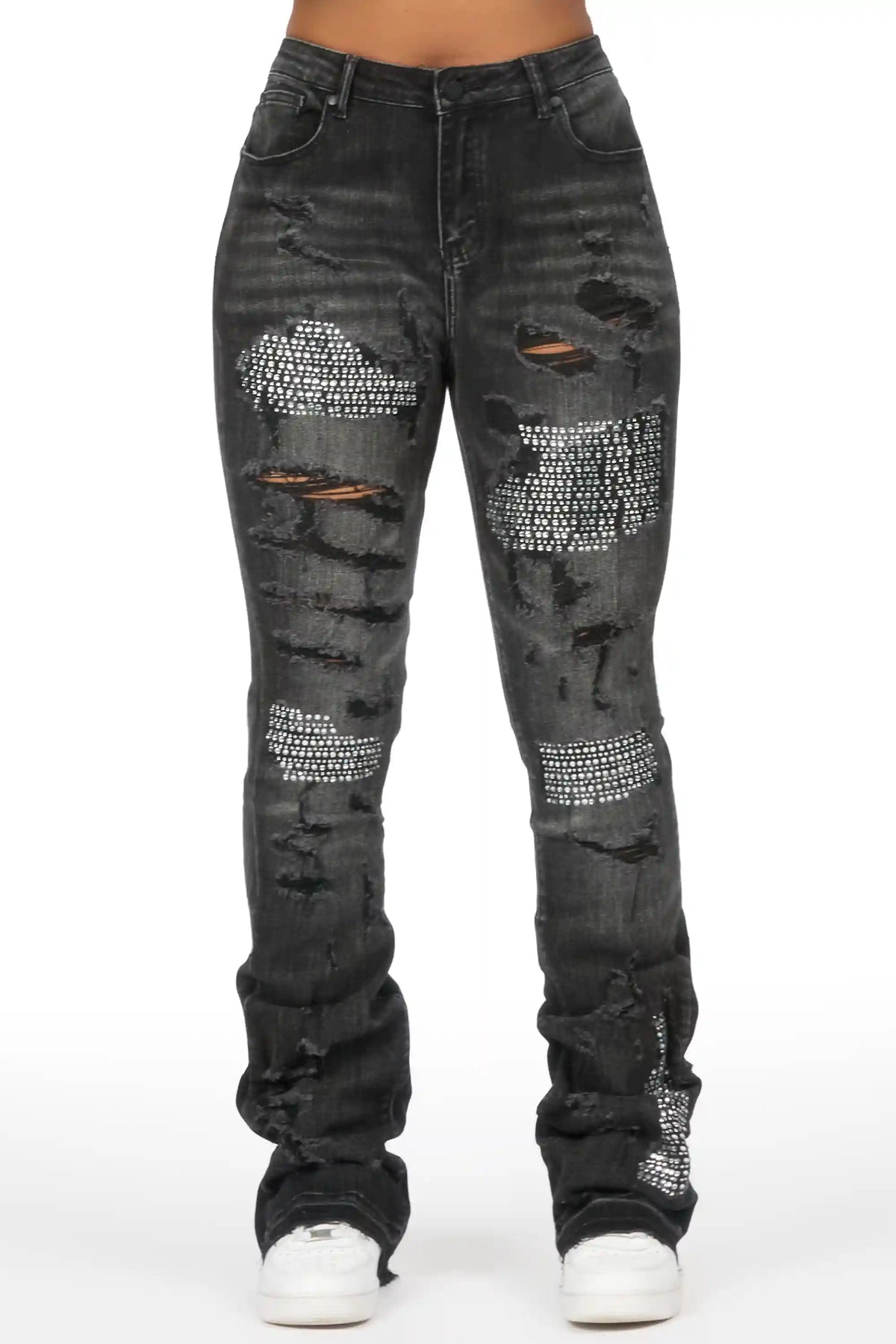 Kyesha Grey Wash Rhinestone Stacked Flare Jean