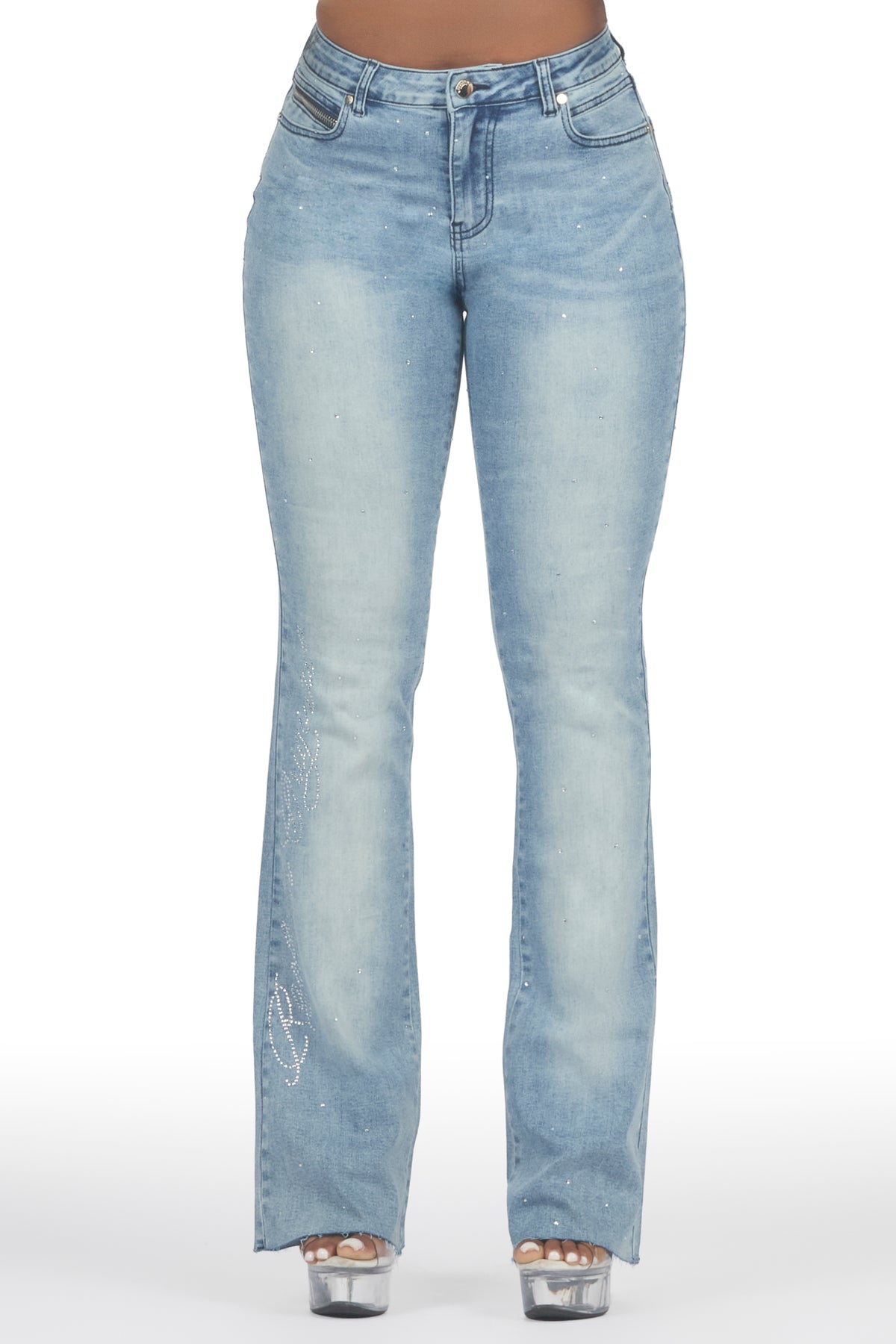 Chanteal Light Wash Rhinestone Stacked Flare Jean
