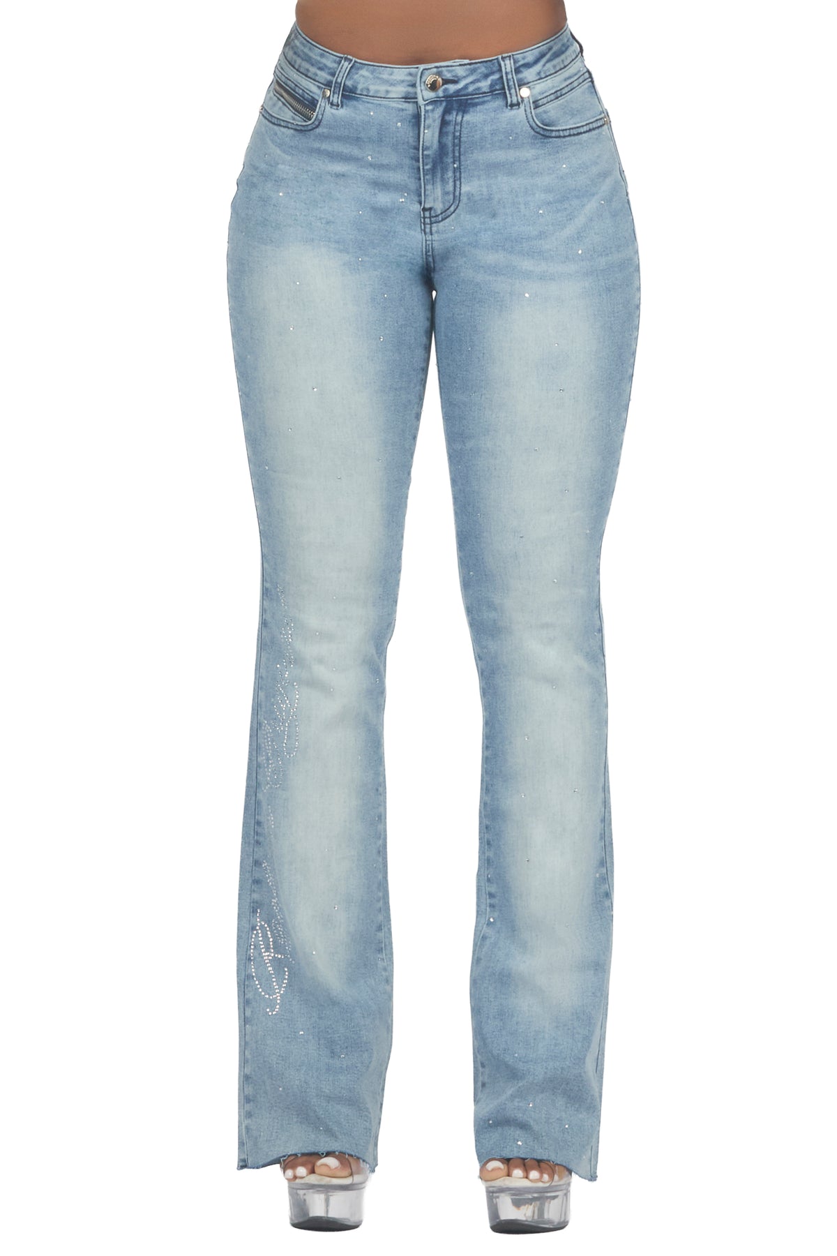 Chanteal Light Wash Rhinestone Stacked Flare Jean