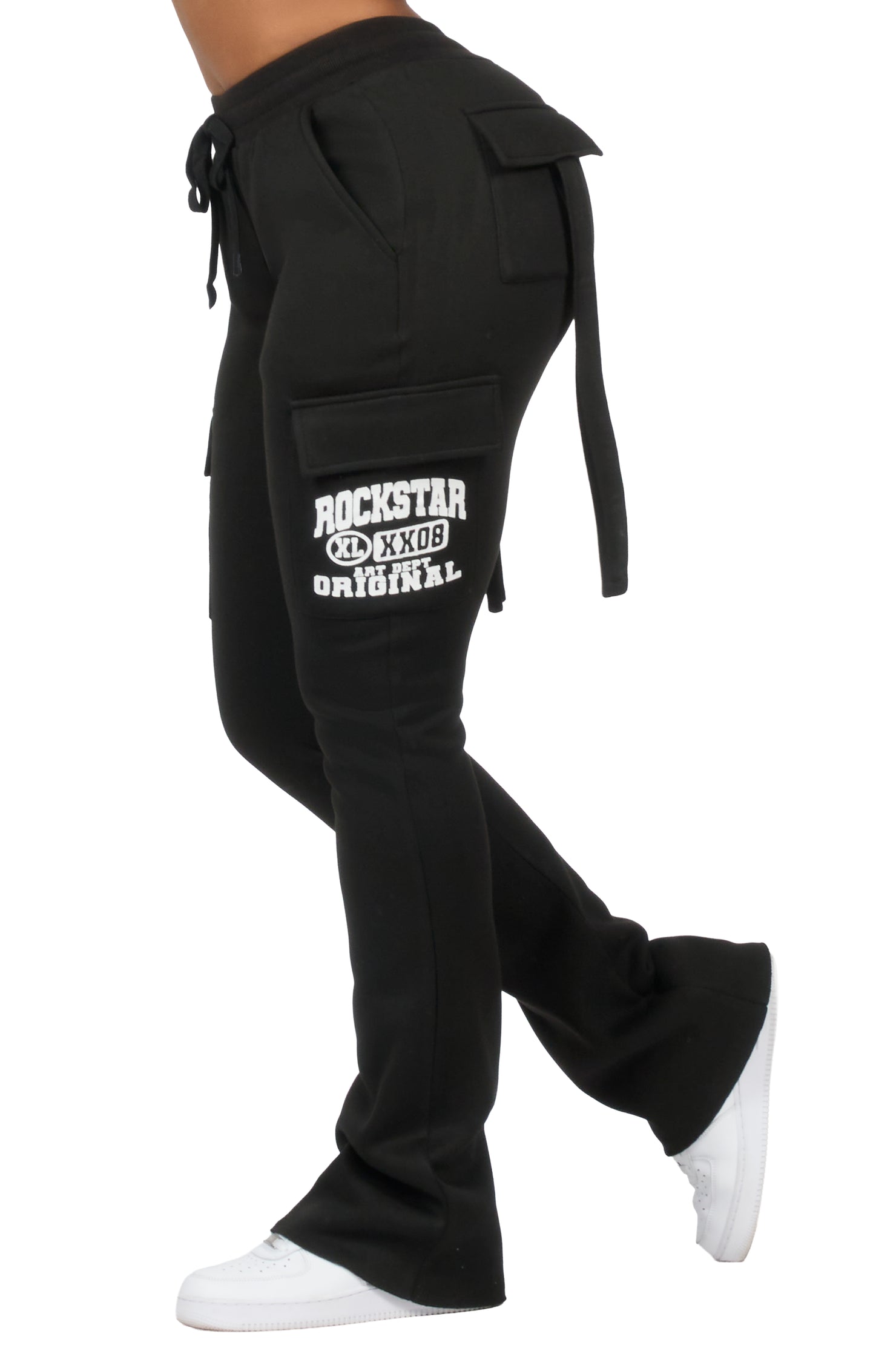 Elandira Black Cargo Stacked Track Pant