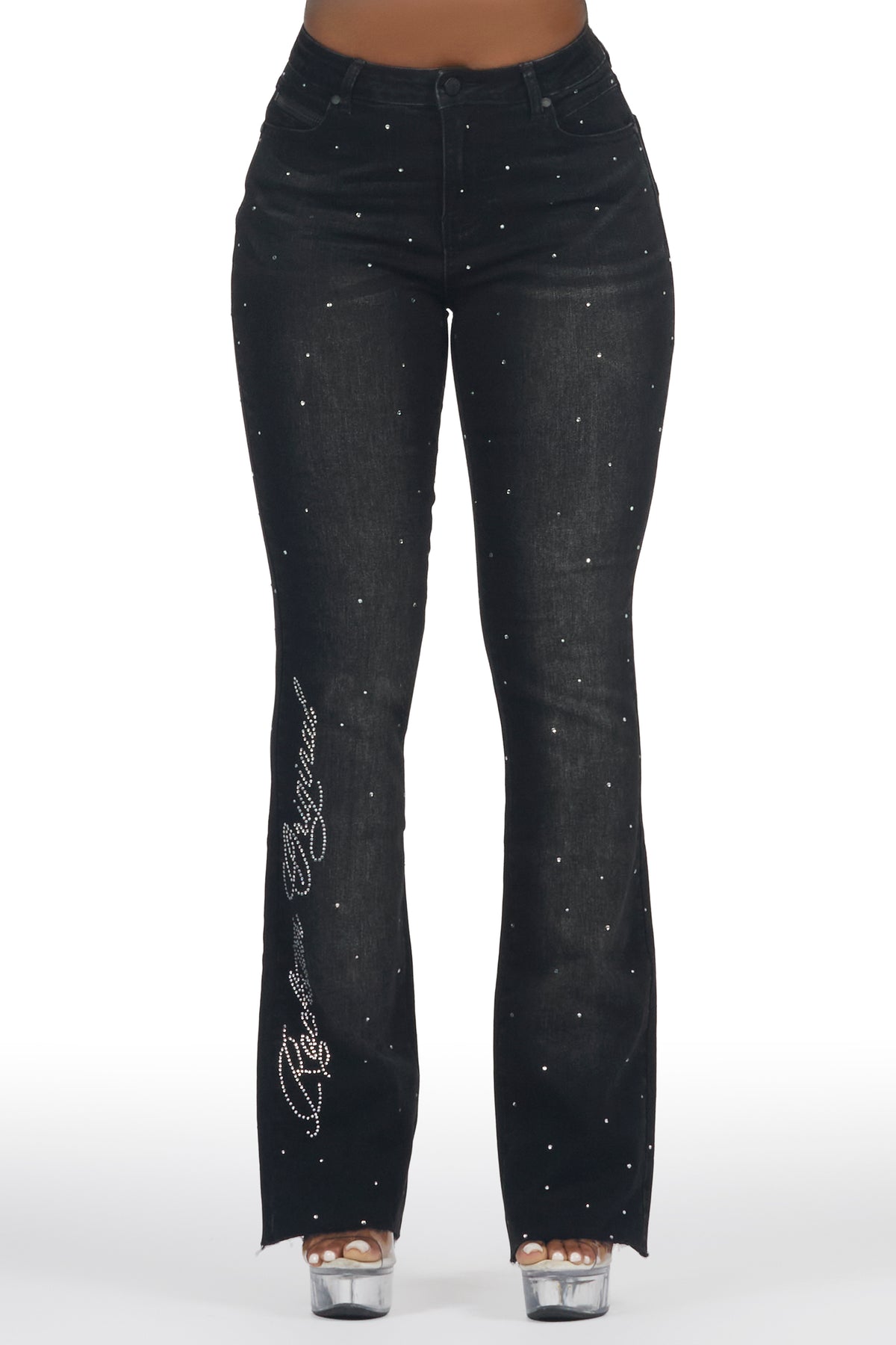 Chanteal Black Rhinestone Stacked Flare Jean