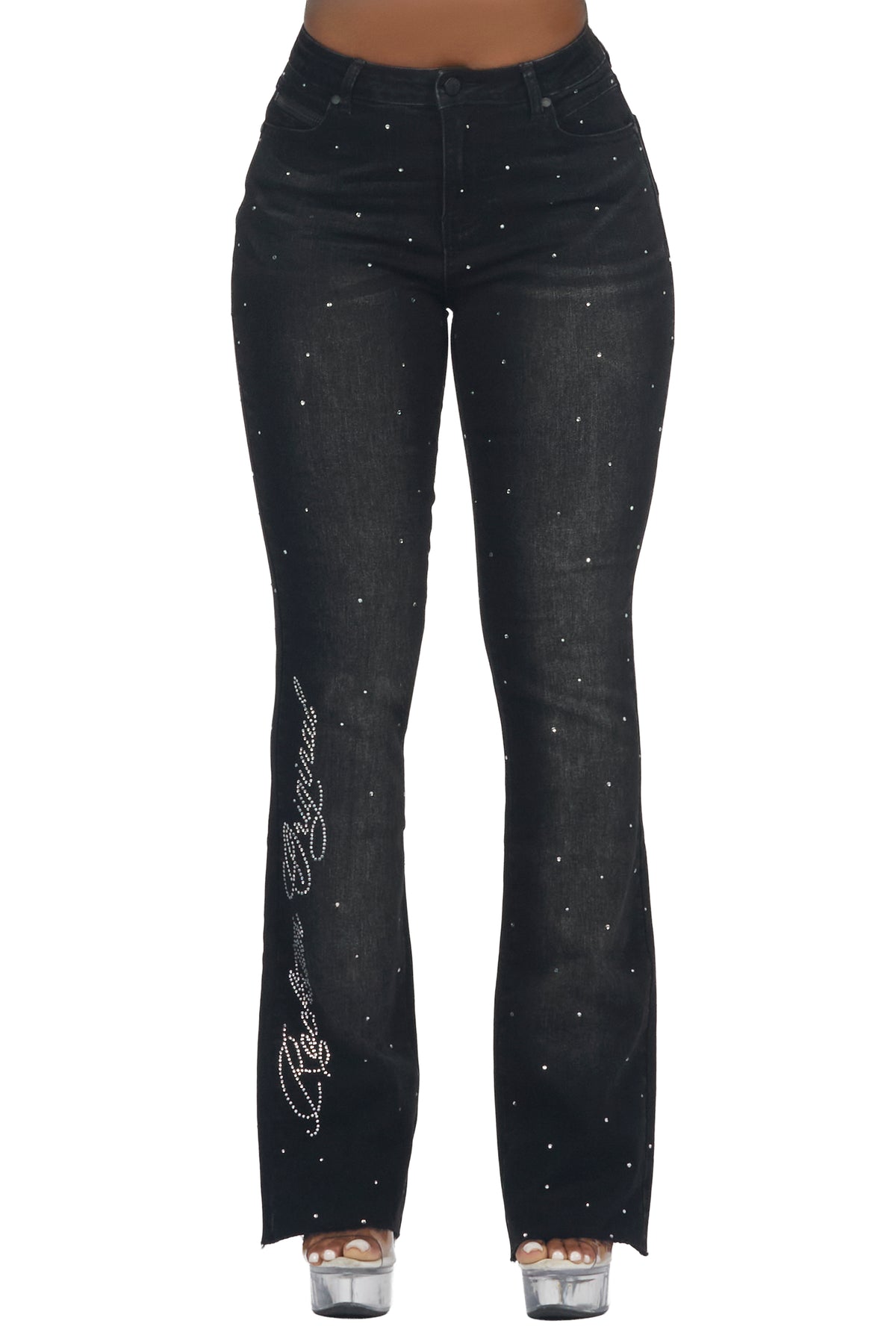 Chanteal Black Rhinestone Stacked Flare Jean