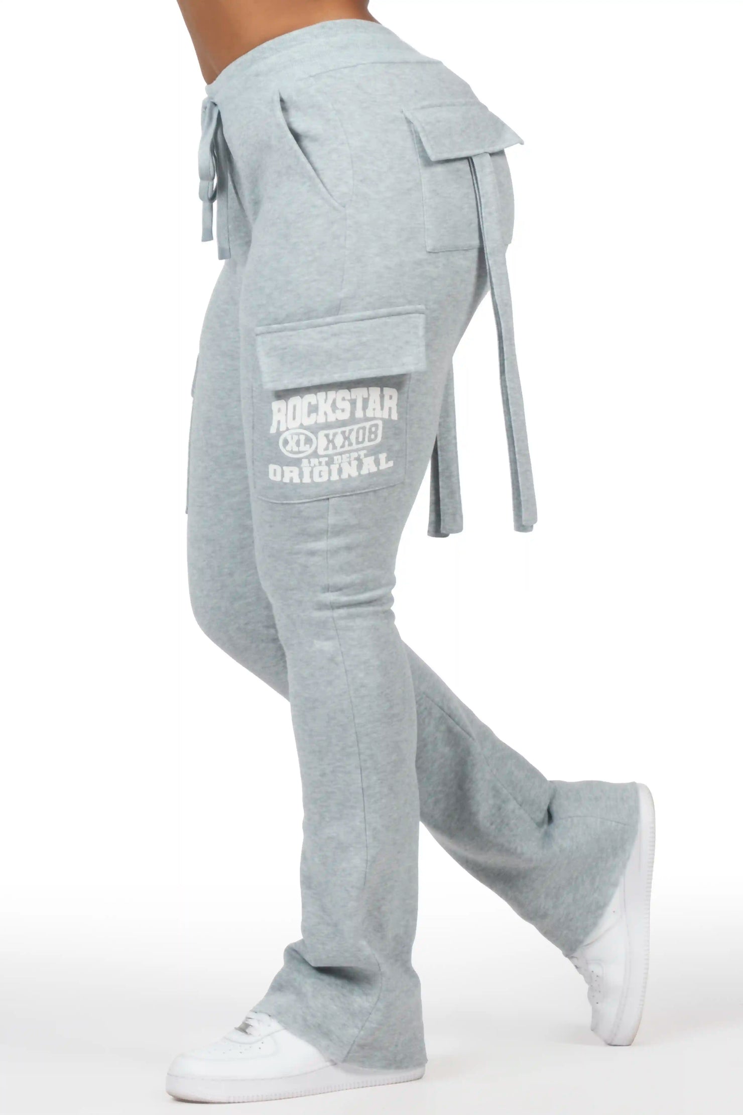Elandira Heather Grey Cargo Stacked Track Pant