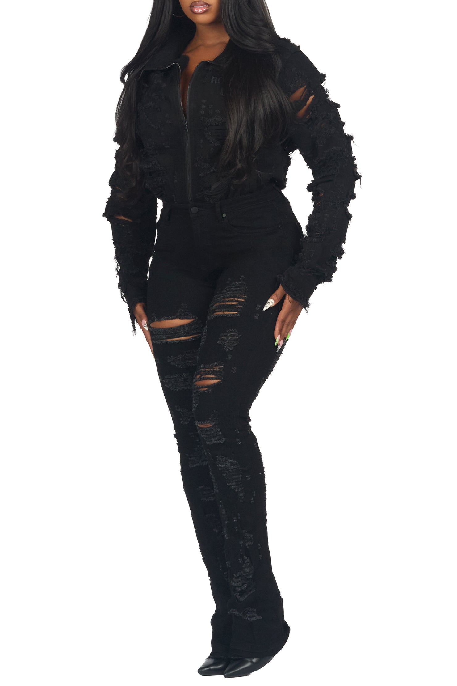 Fara Black Denim Jacket & Fara Stacked Jean Set