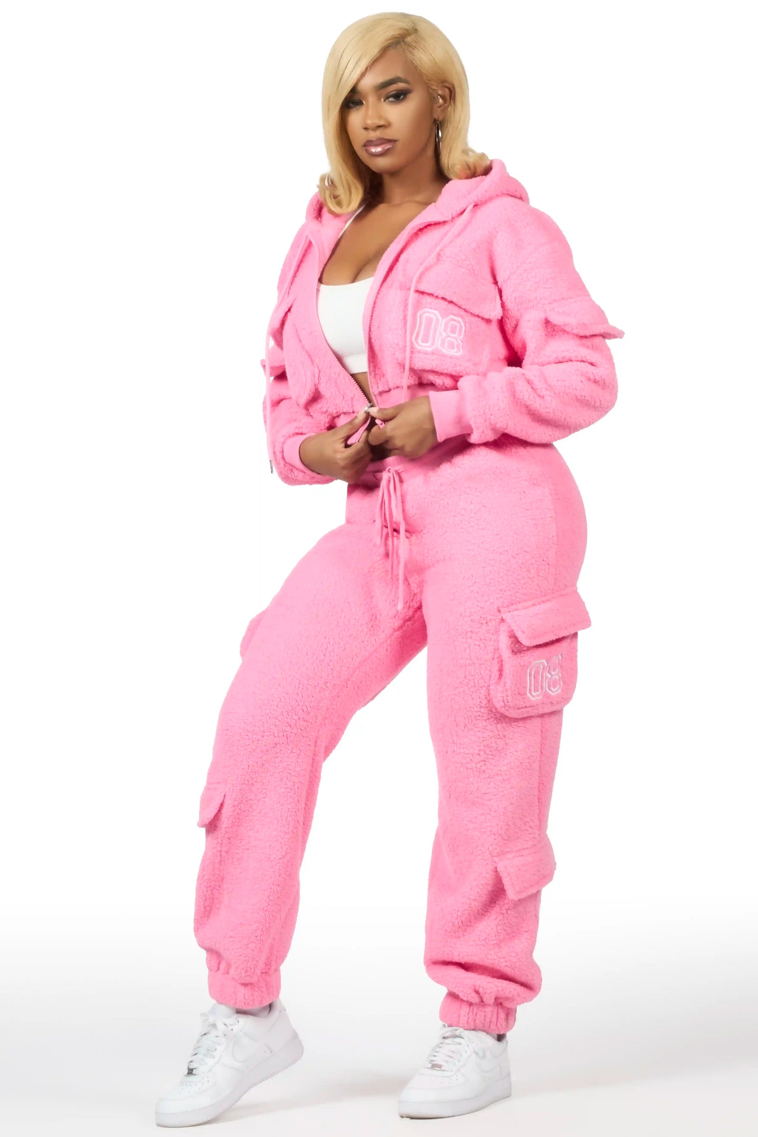 Renea Pink Sherpa Cargo Baggy Fit Track Set