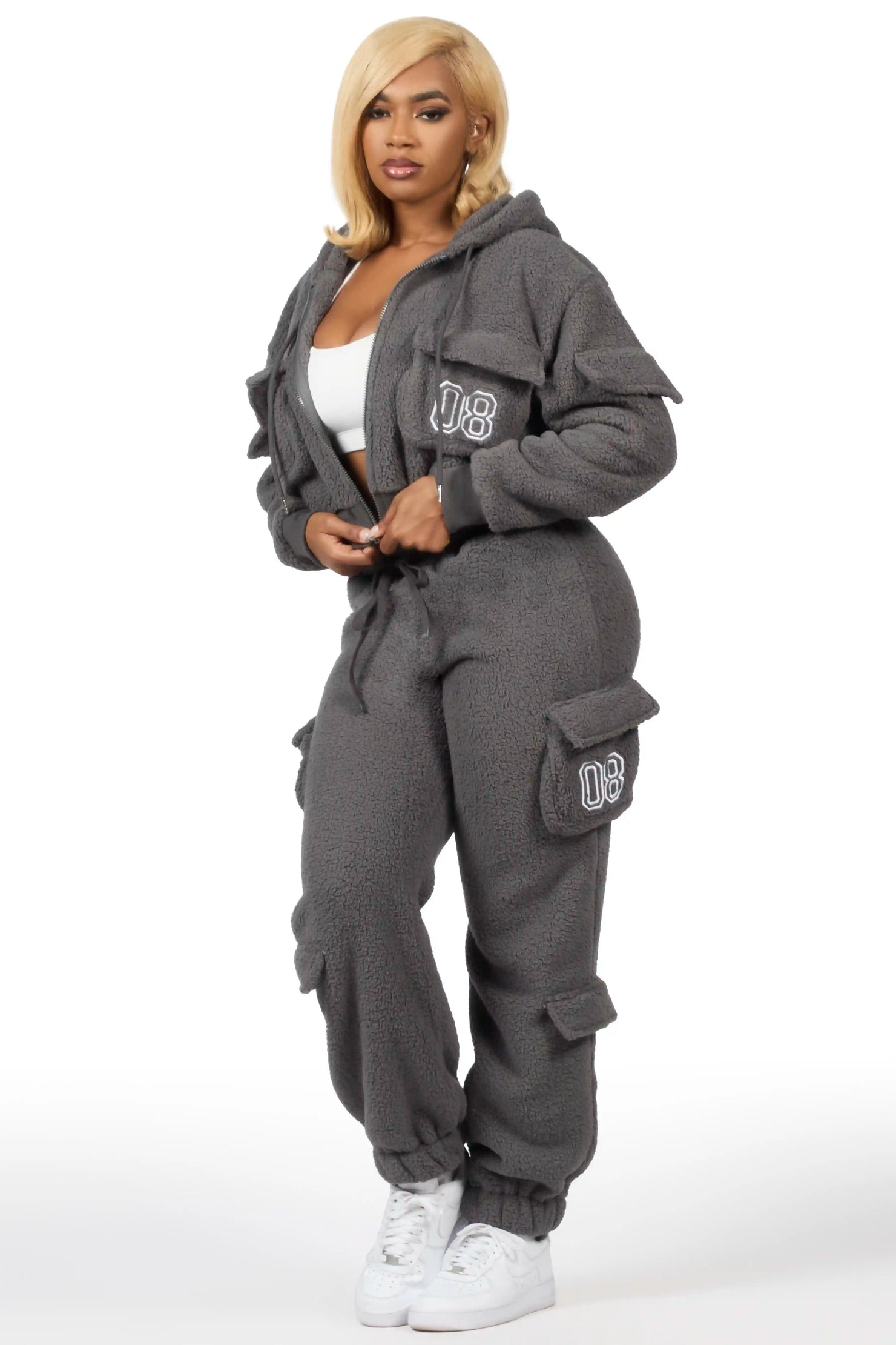 Renea Grey Sherpa Cargo Baggy Fit Track Set