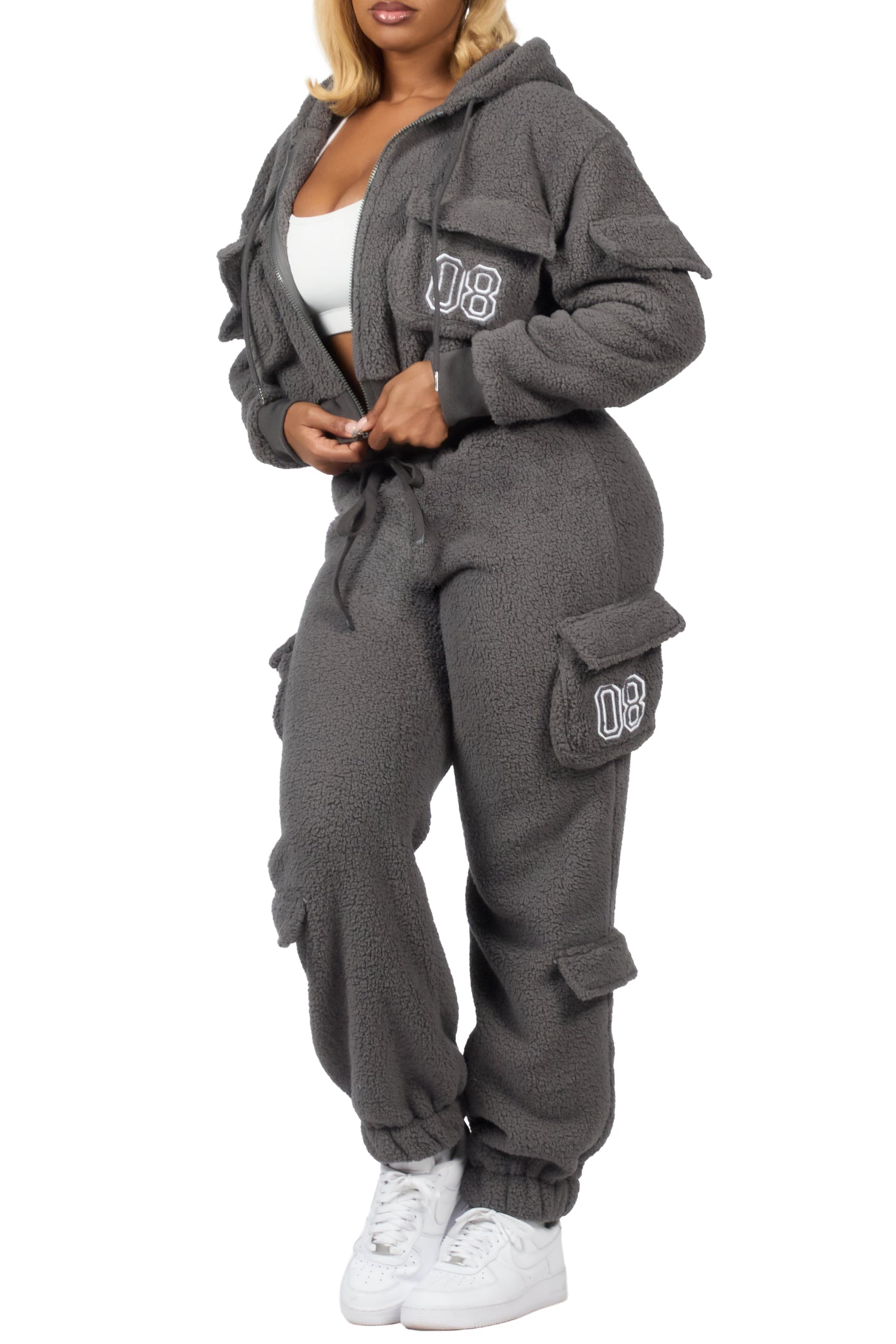 Renea Grey Sherpa Cargo Baggy Fit Track Set