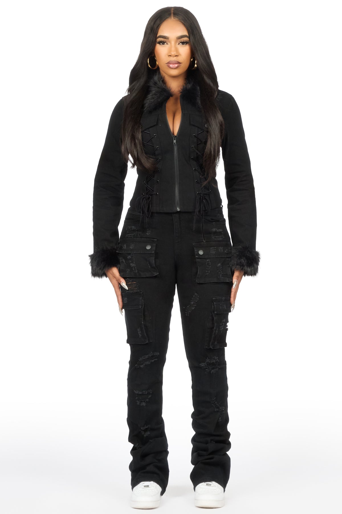 Berenize Black Denim Jacket With Fur Trim