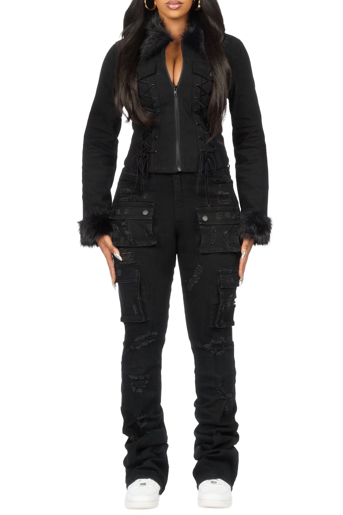 Berenize Black Denim Jacket With Fur Trim