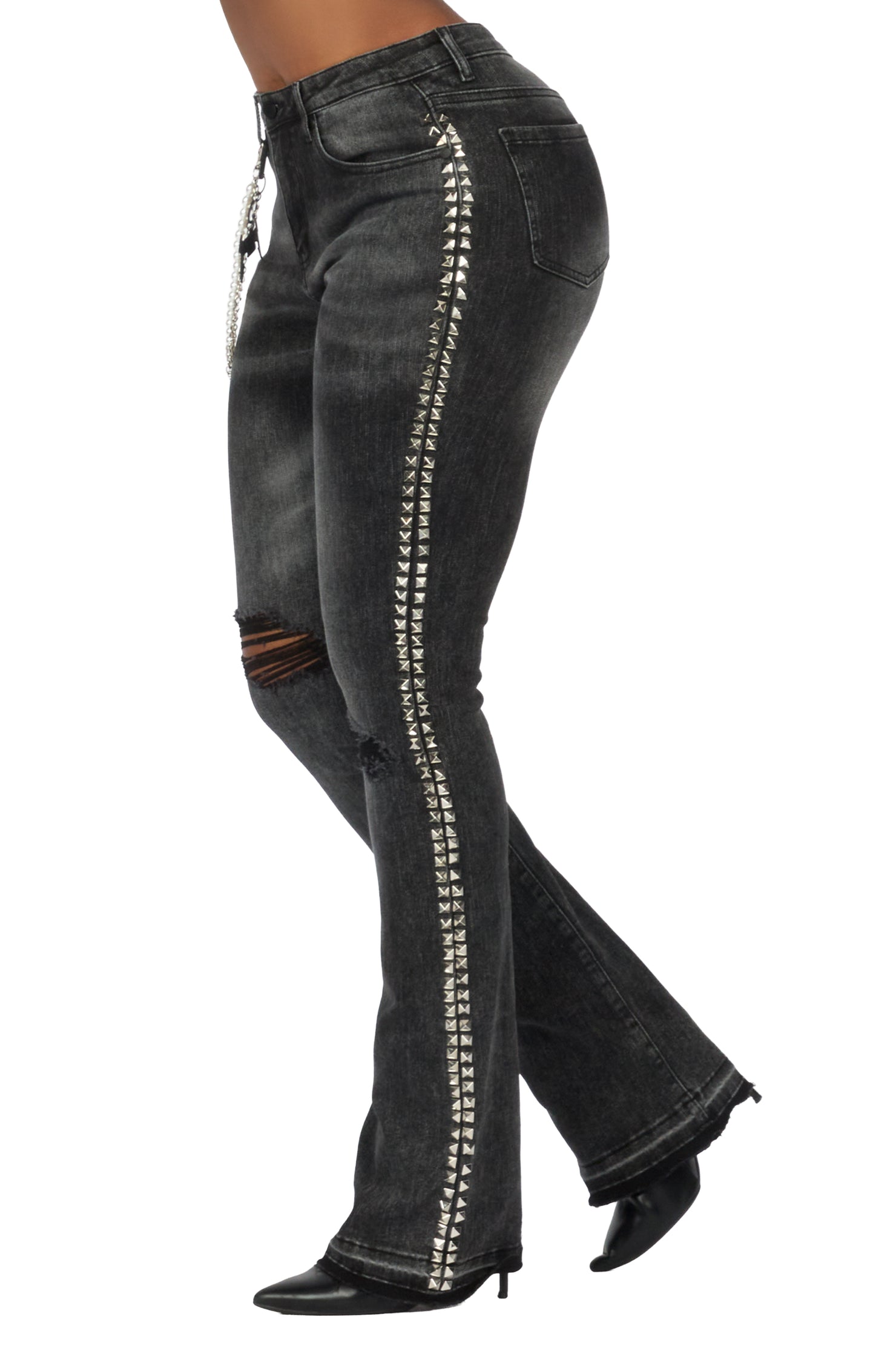 Shaquayla Black Studded Stacked Flare Jean