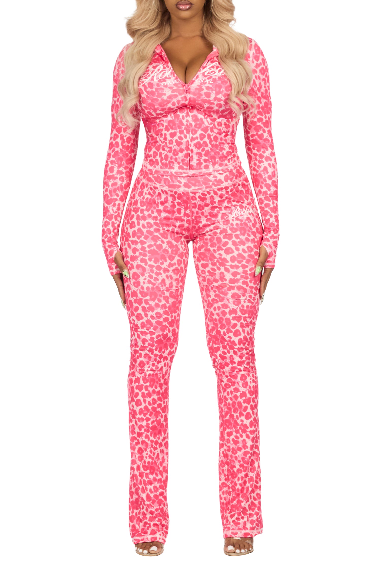Arzena Pink Cheetah Zip Up Lounge Track Set