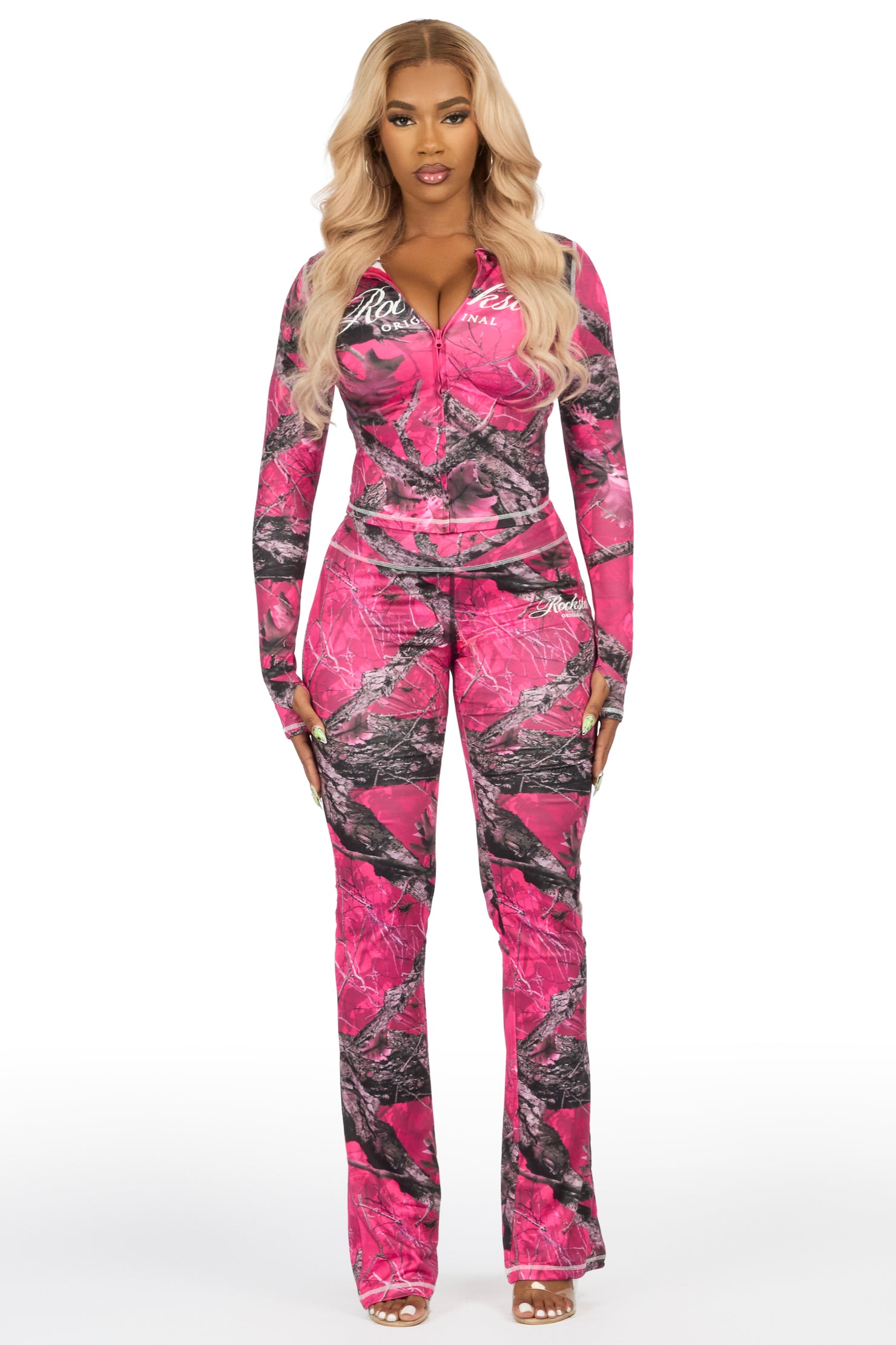 Arzena Dark Pink Tree Camo Zip Up Lounge Track Set