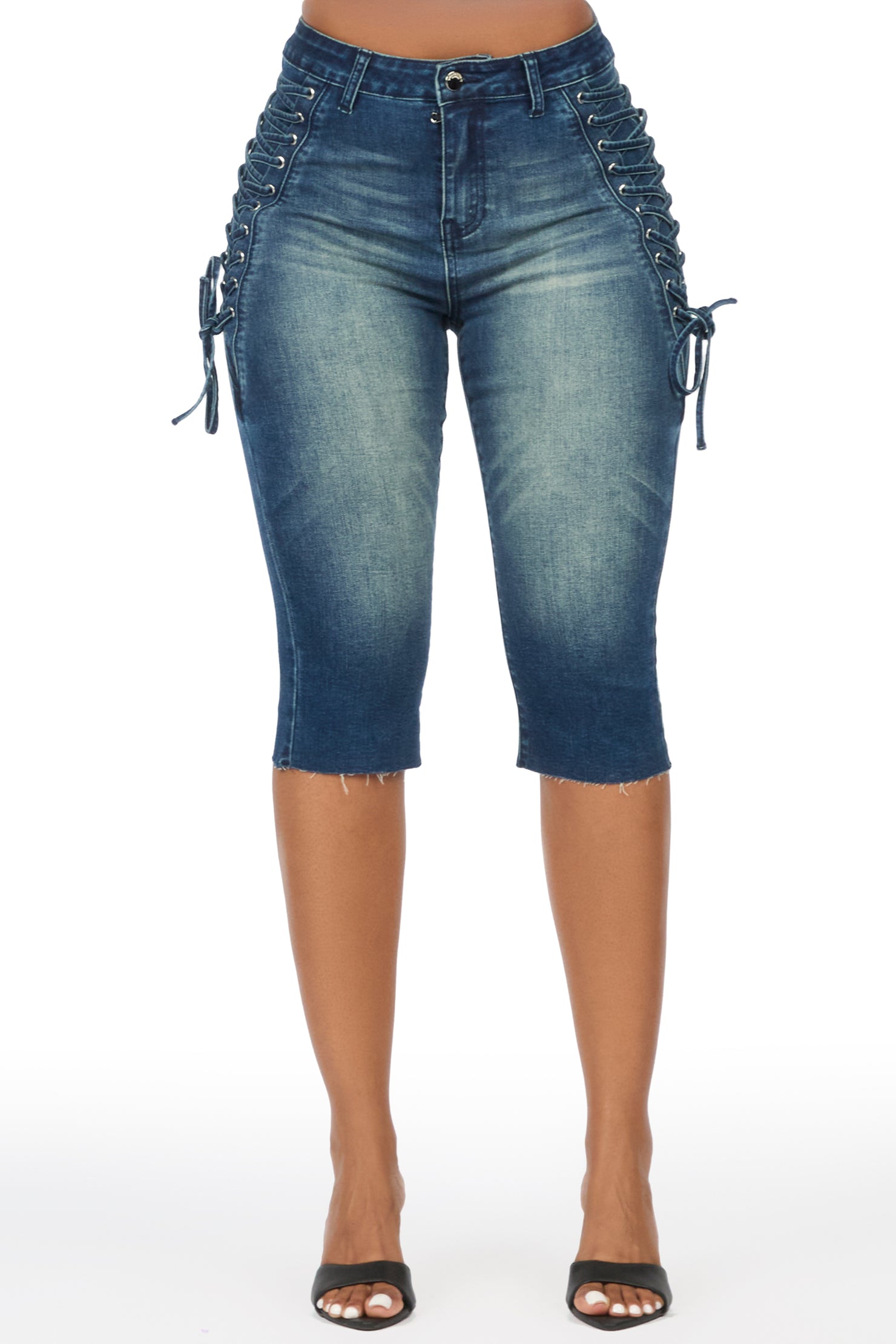 Brittani Tint Wash Denim Lace Up Capri