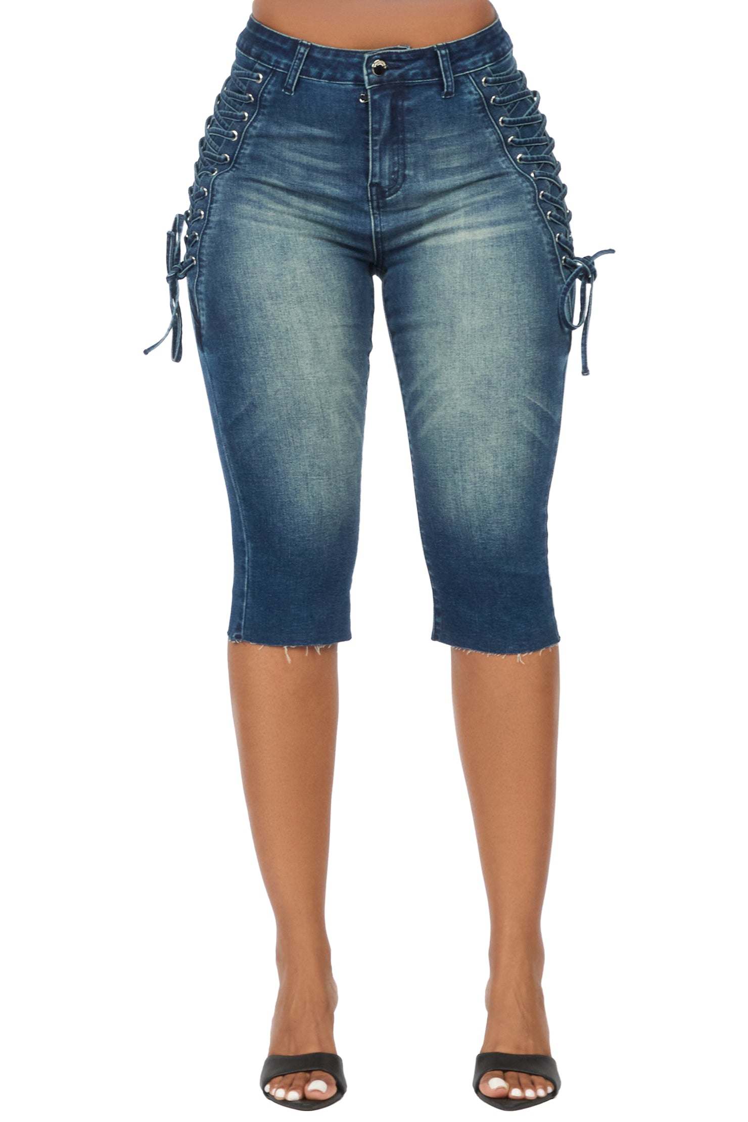 Brittani Tint Wash Denim Lace Up Capri