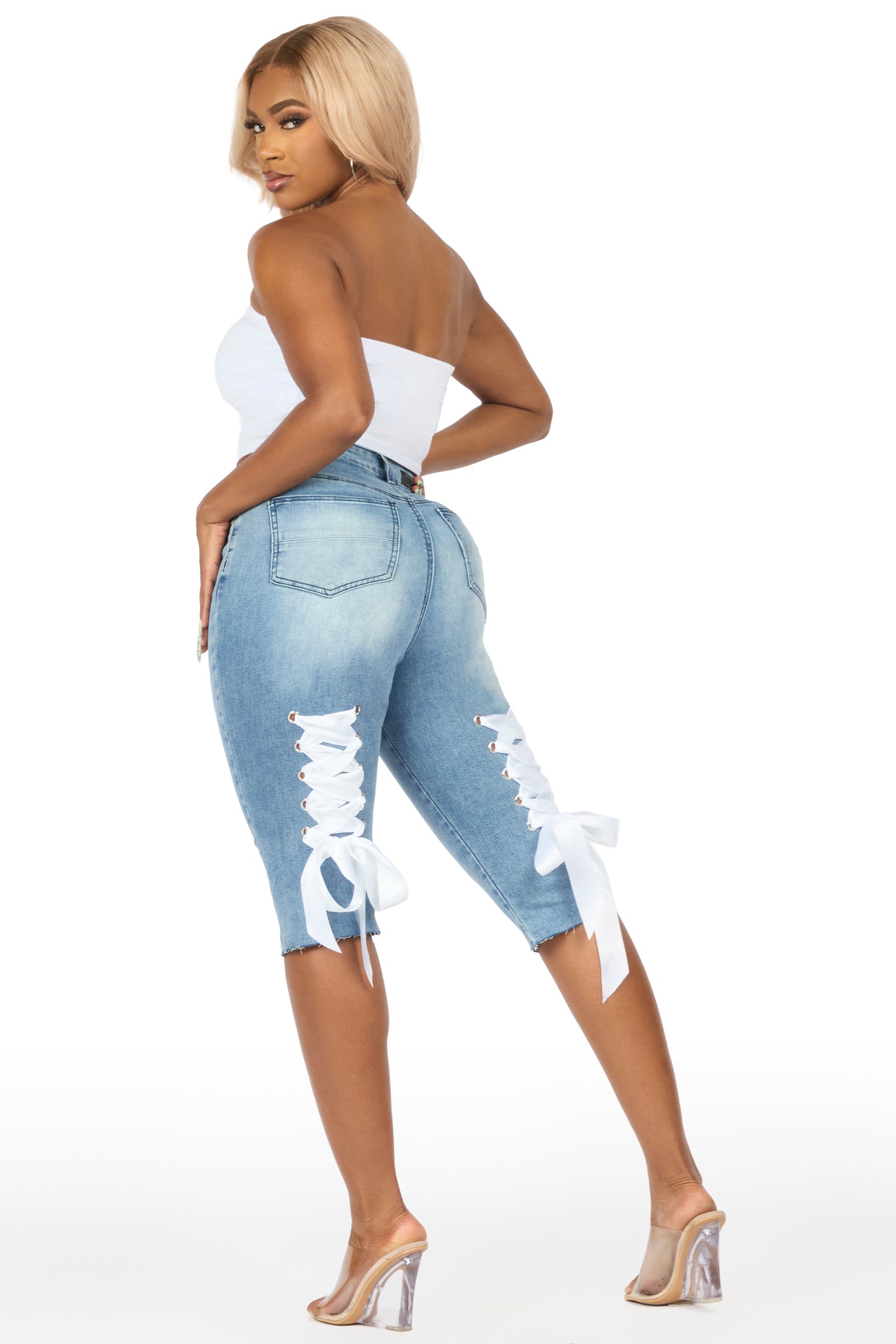 Teandra Light Wash Rhinestone Denim Capri