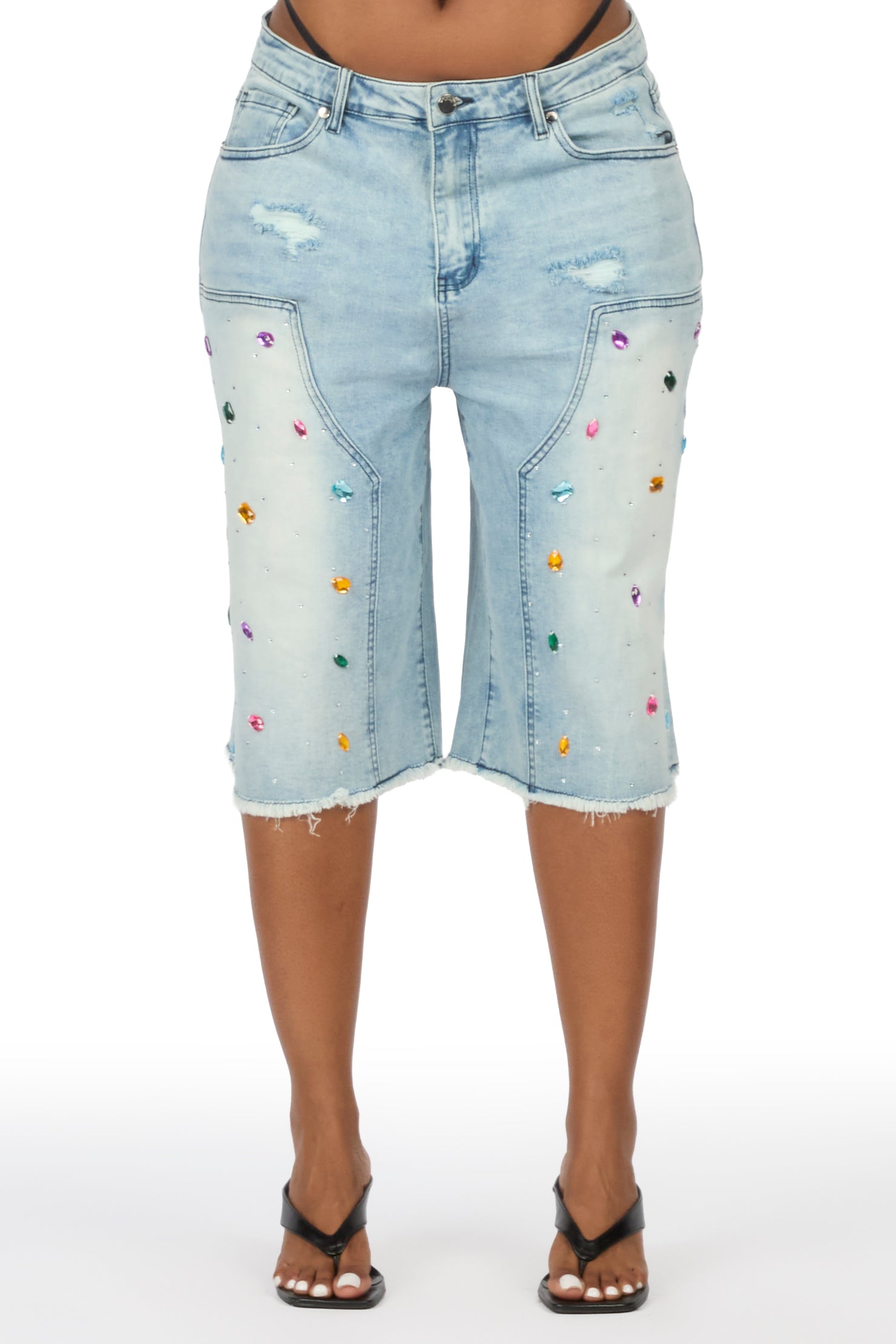 Allexis Light Wash Rhinestone Baggy Jort