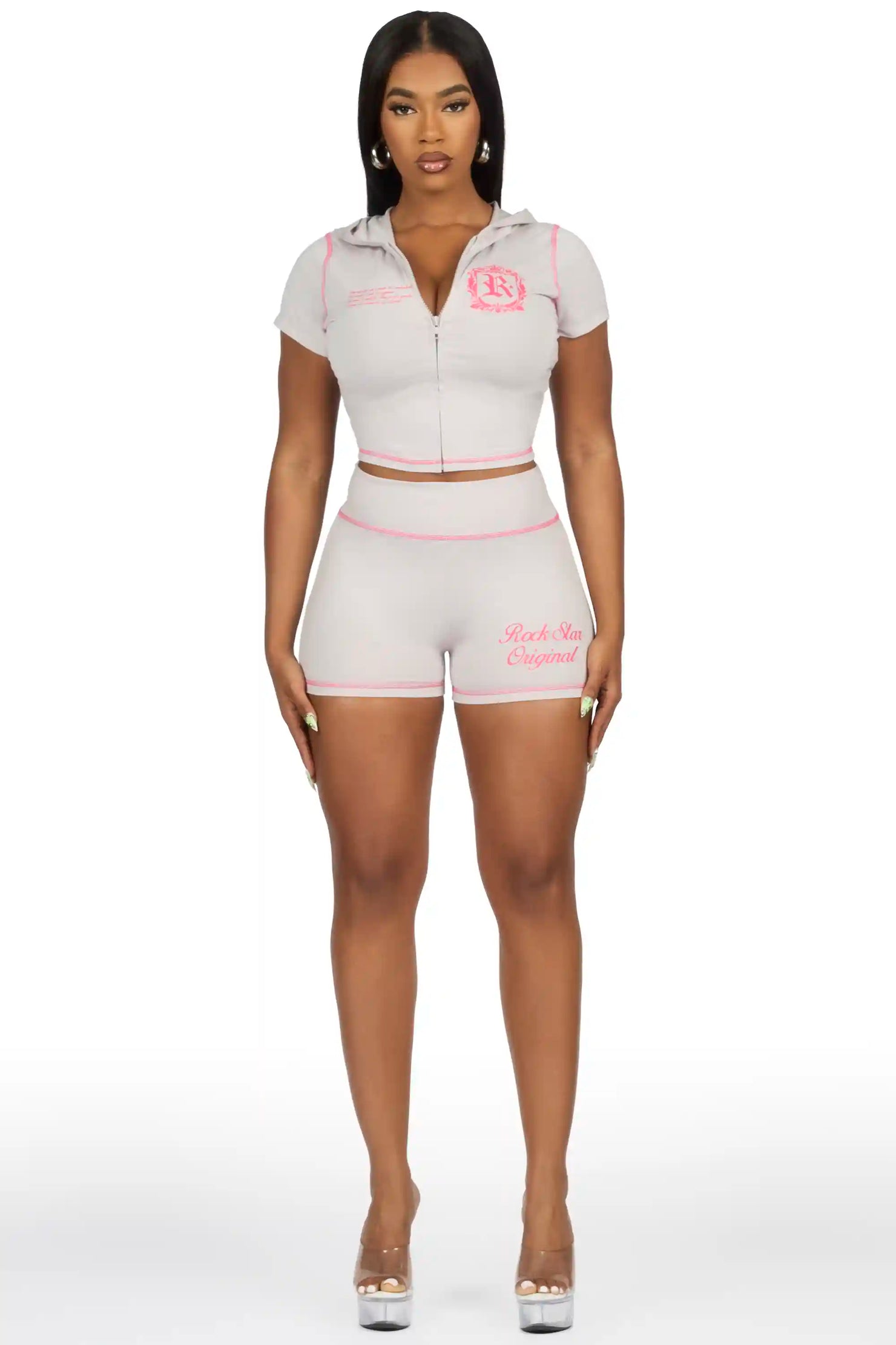 Desmine Grey Short Sleeve Zip Up Short Set