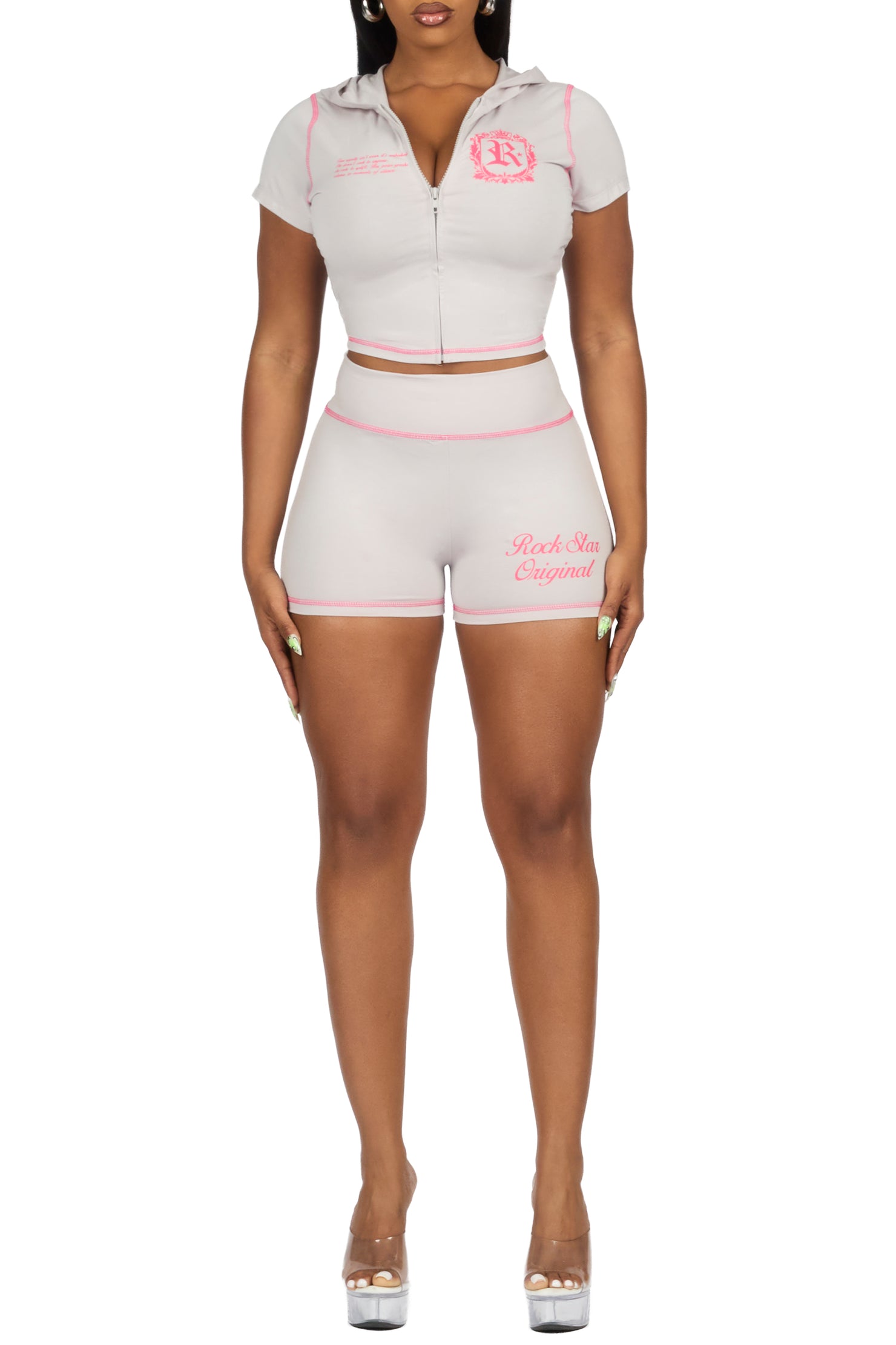 Desmine Grey Short Sleeve Zip Up Short Set