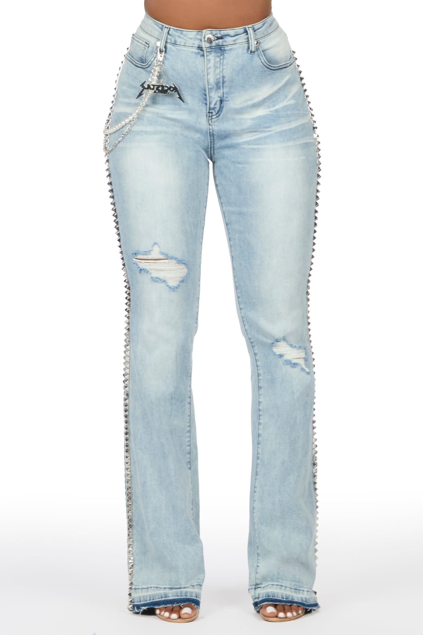 Shaquayla Light Wash Studded Stacked Flare Jean