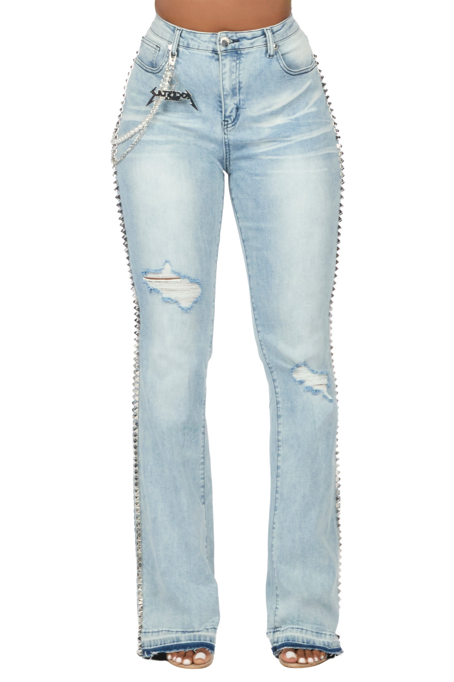 Shaquayla Light Wash Studded Stacked Flare Jean