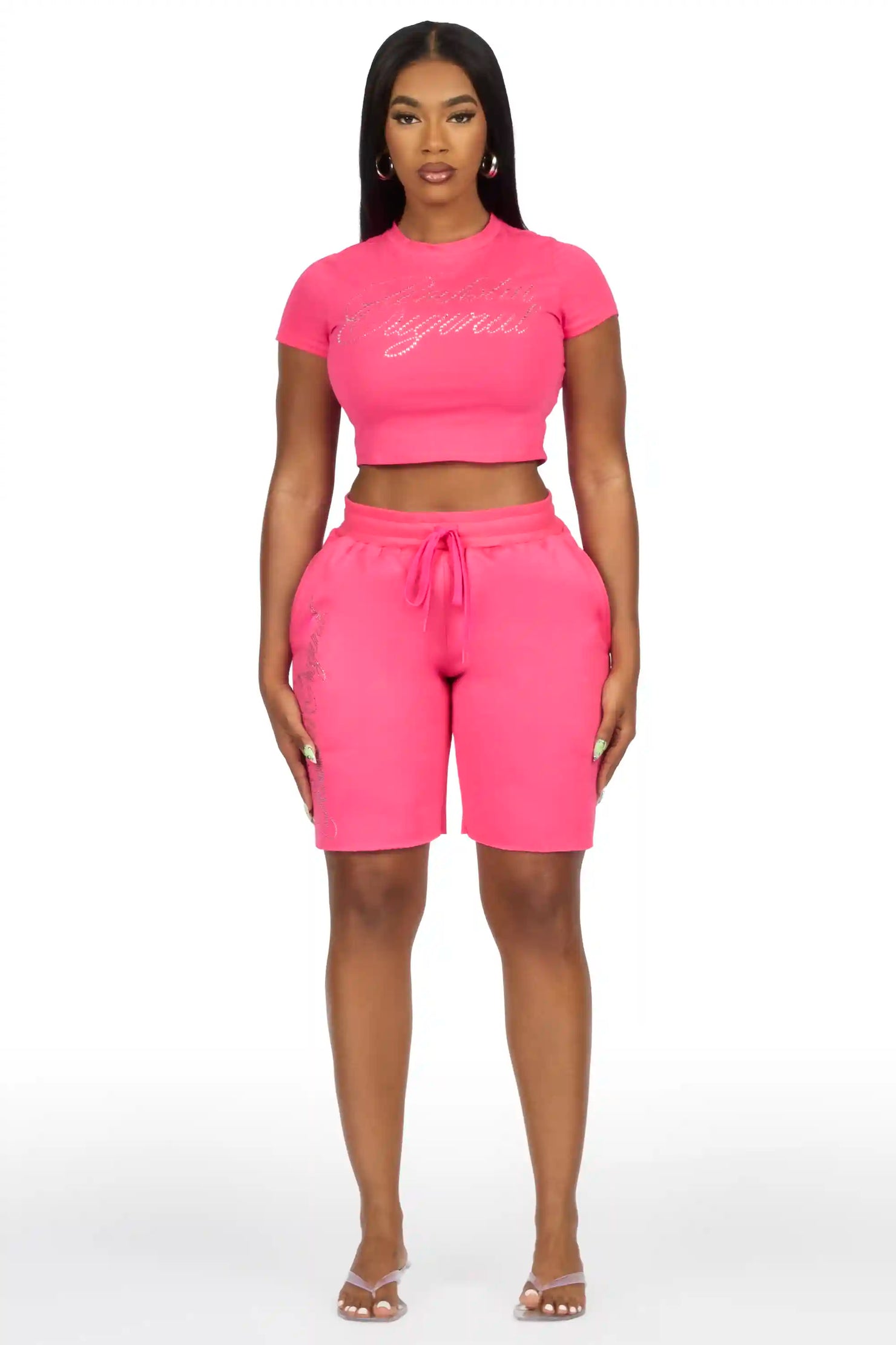 Taiesha Hot Pink Rhinestone T-Shirt Short Set