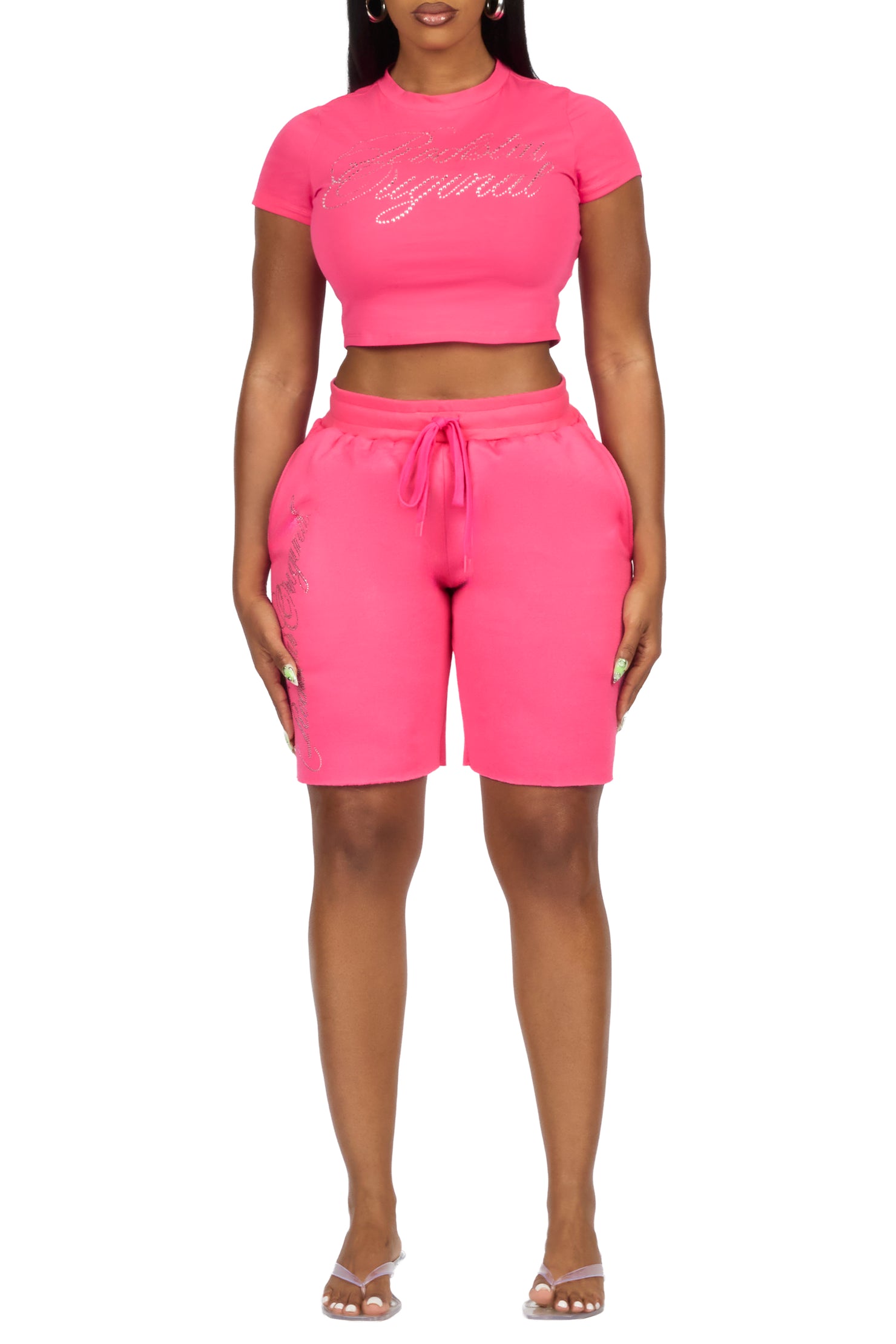 Taiesha Hot Pink Rhinestone T-Shirt Short Set