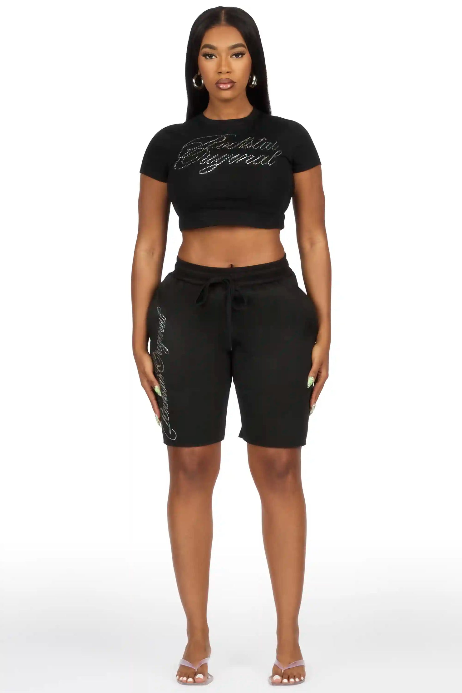 Taiesha Black Rhinestone T-Shirt Short Set