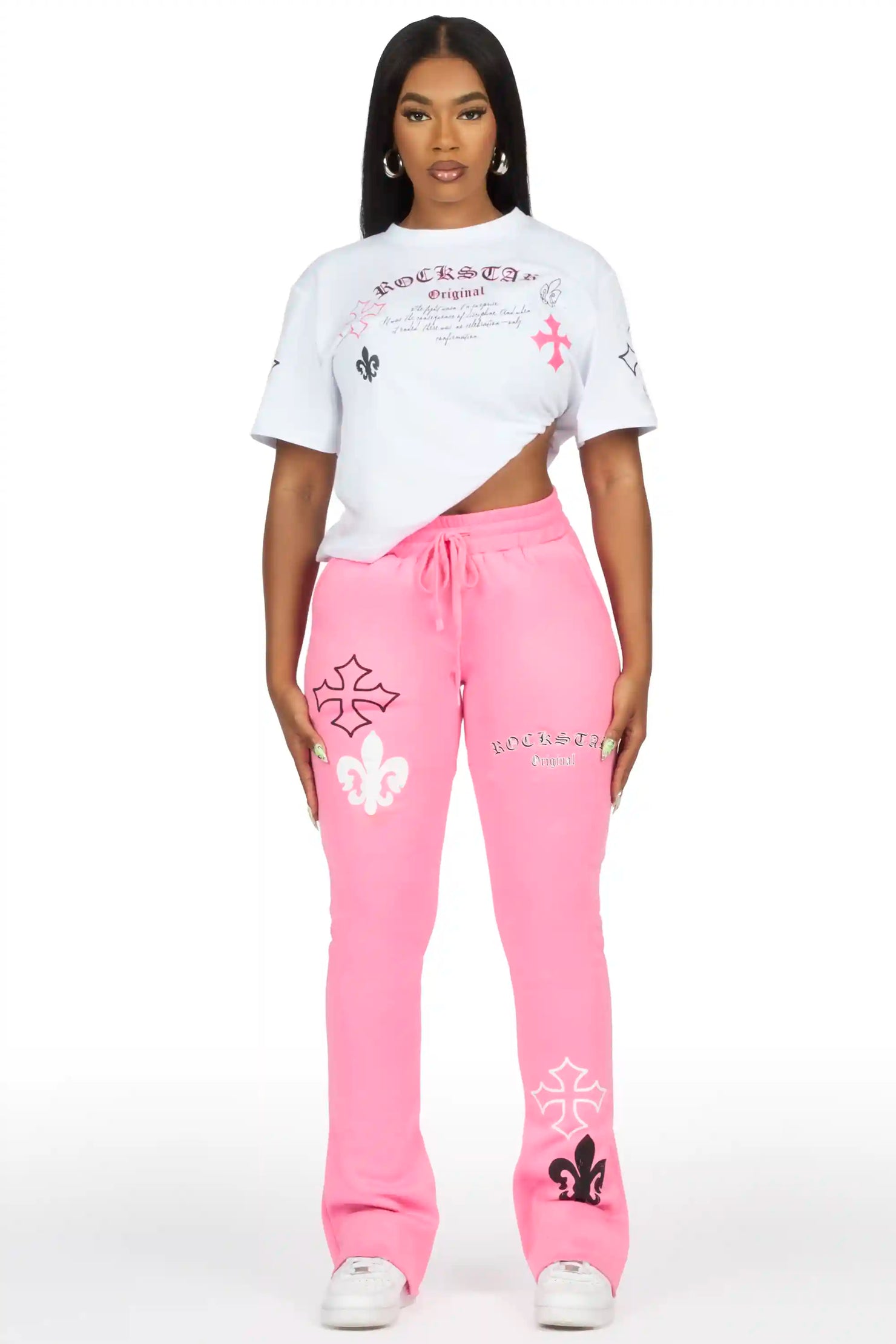 Deshunique White/Pink T-Shirt Stacked Track Set