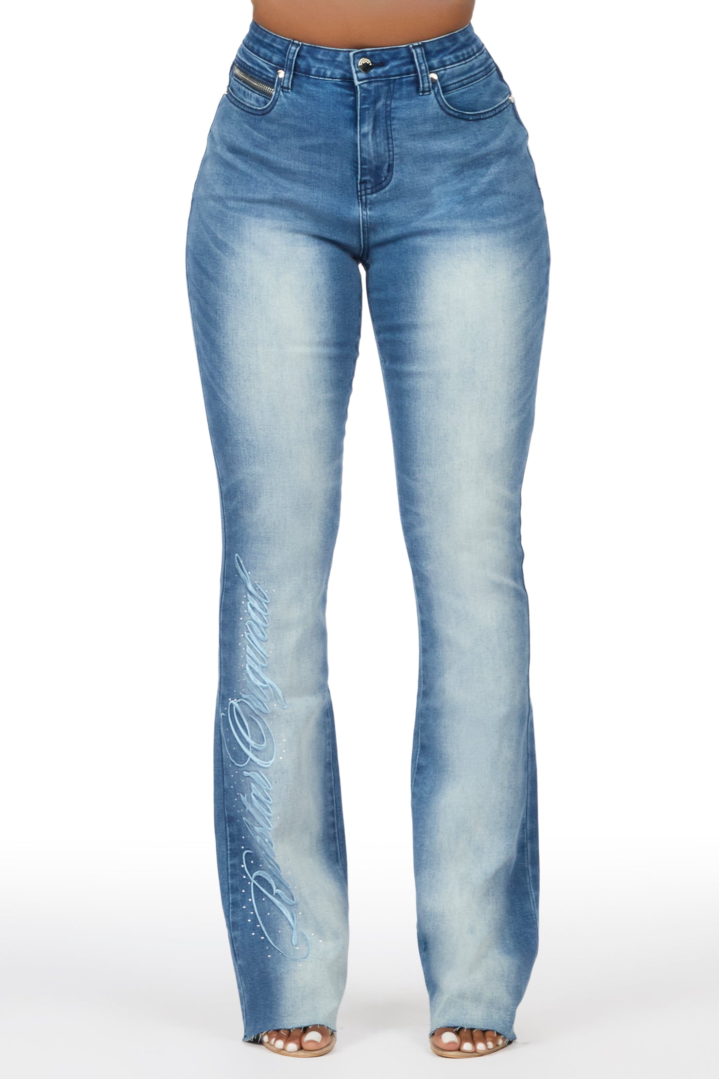 Calisa Med.Wash Rhinestone Stacked Flare Jean