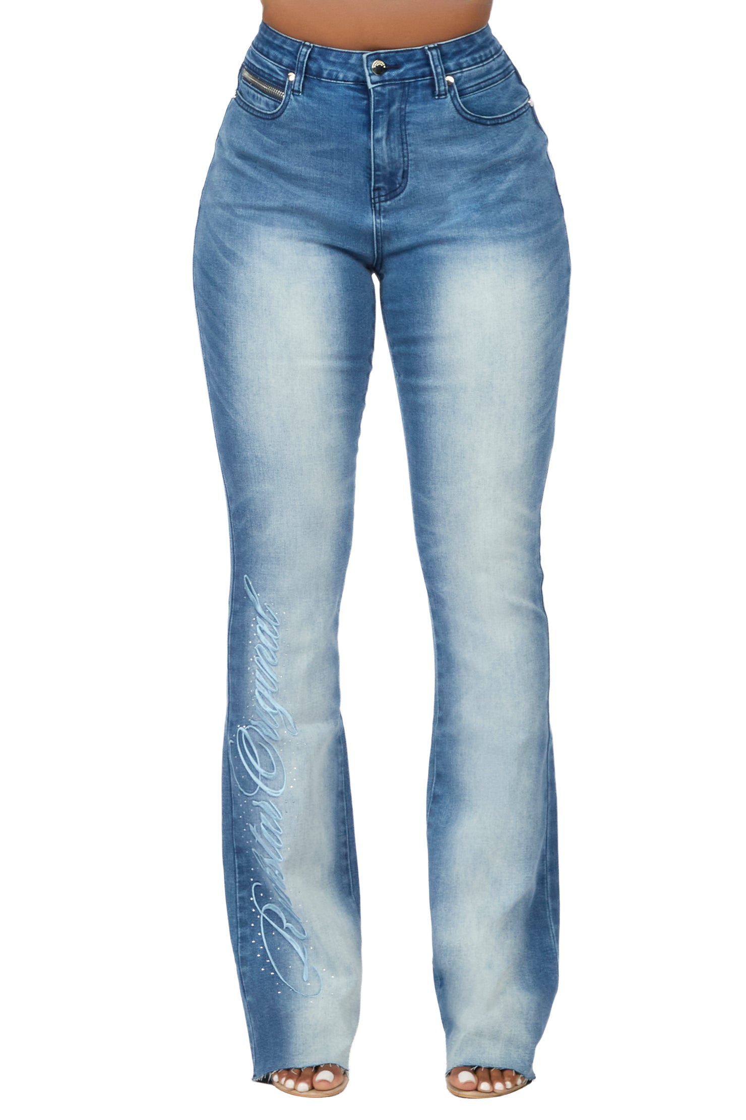 Calisa Med.Wash Rhinestone Stacked Flare Jean