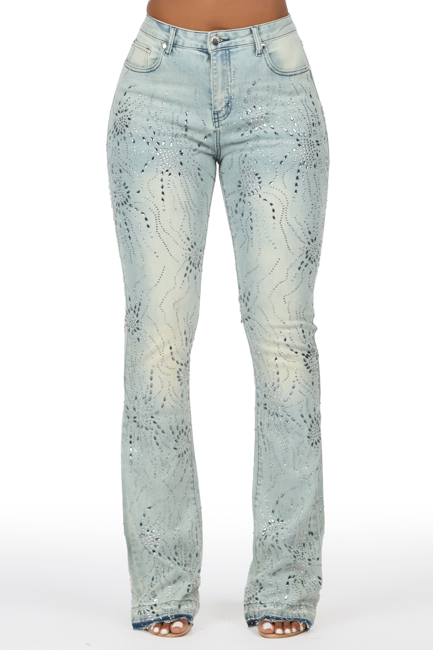Deidra Light Wash Rhinestone Stacked Flare Jean