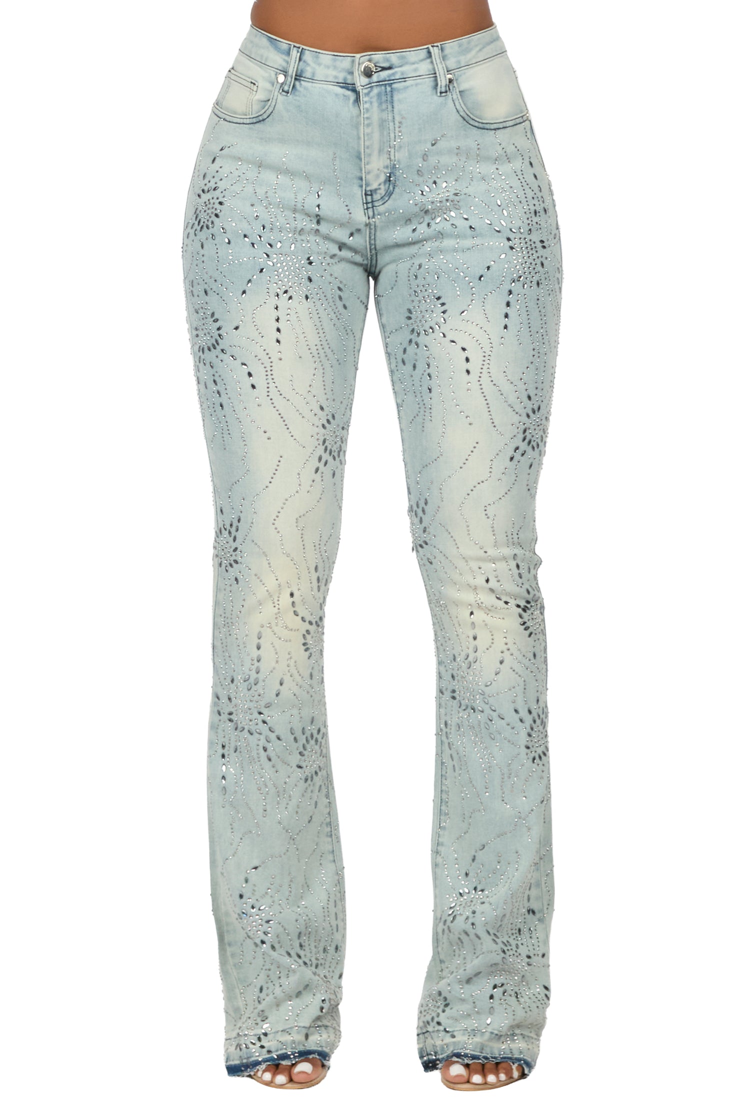 Deidra Light Wash Rhinestone Stacked Flare Jean